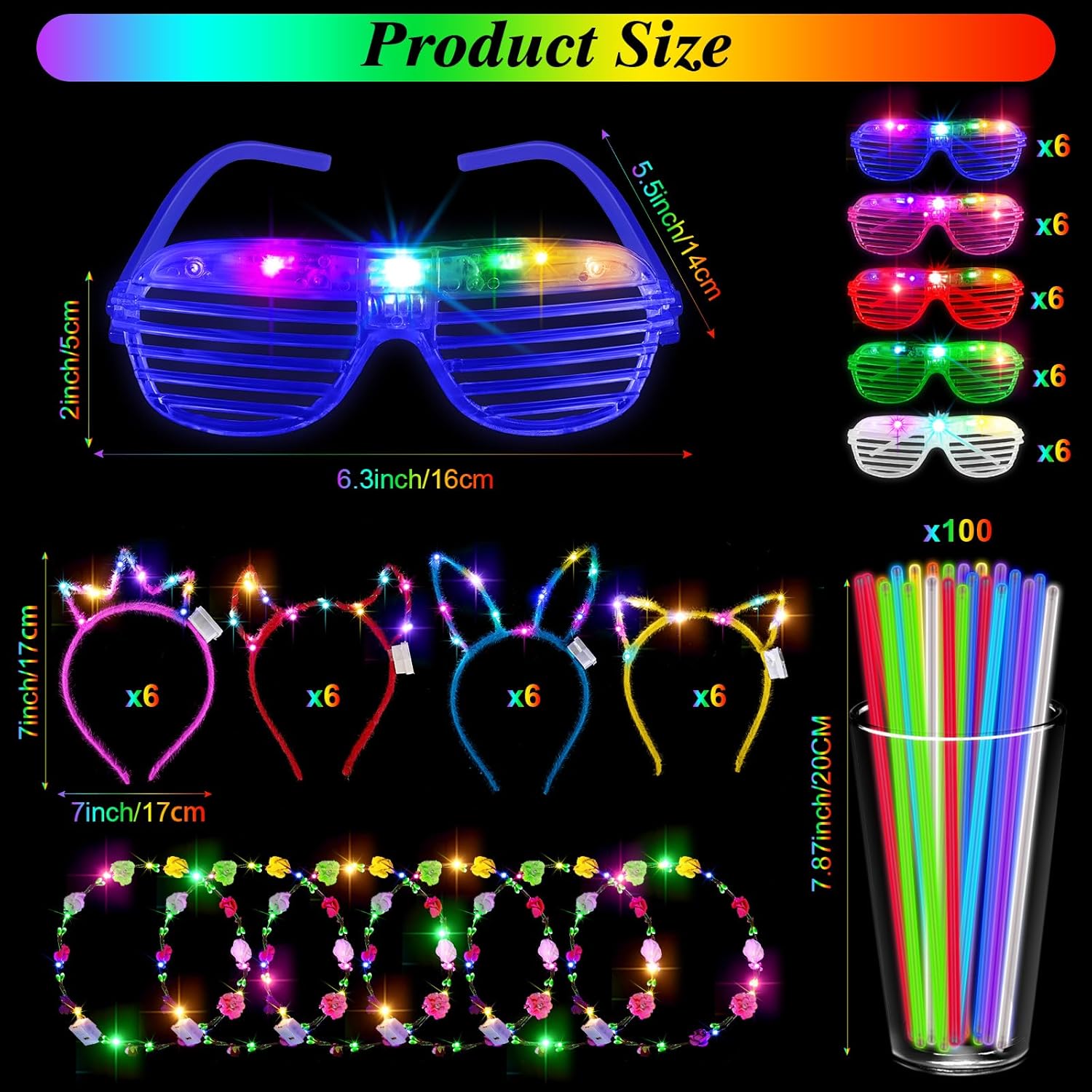 160 piezas de suministros de fiesta que brillan en la oscuridad, 30 pares de anteojos LED, 30 diademas para la cabeza, 100 palitos iluminados,