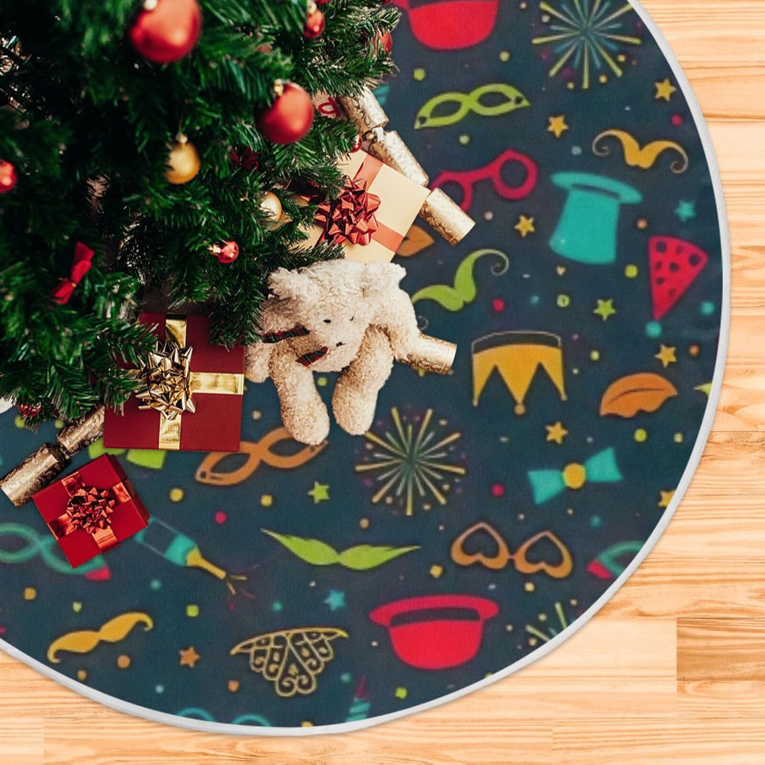 Faldones de árbol de carnaval con iconos divertidos para fiestas, 35.4 pulgadas, lavable a máquina, decoración del hogar