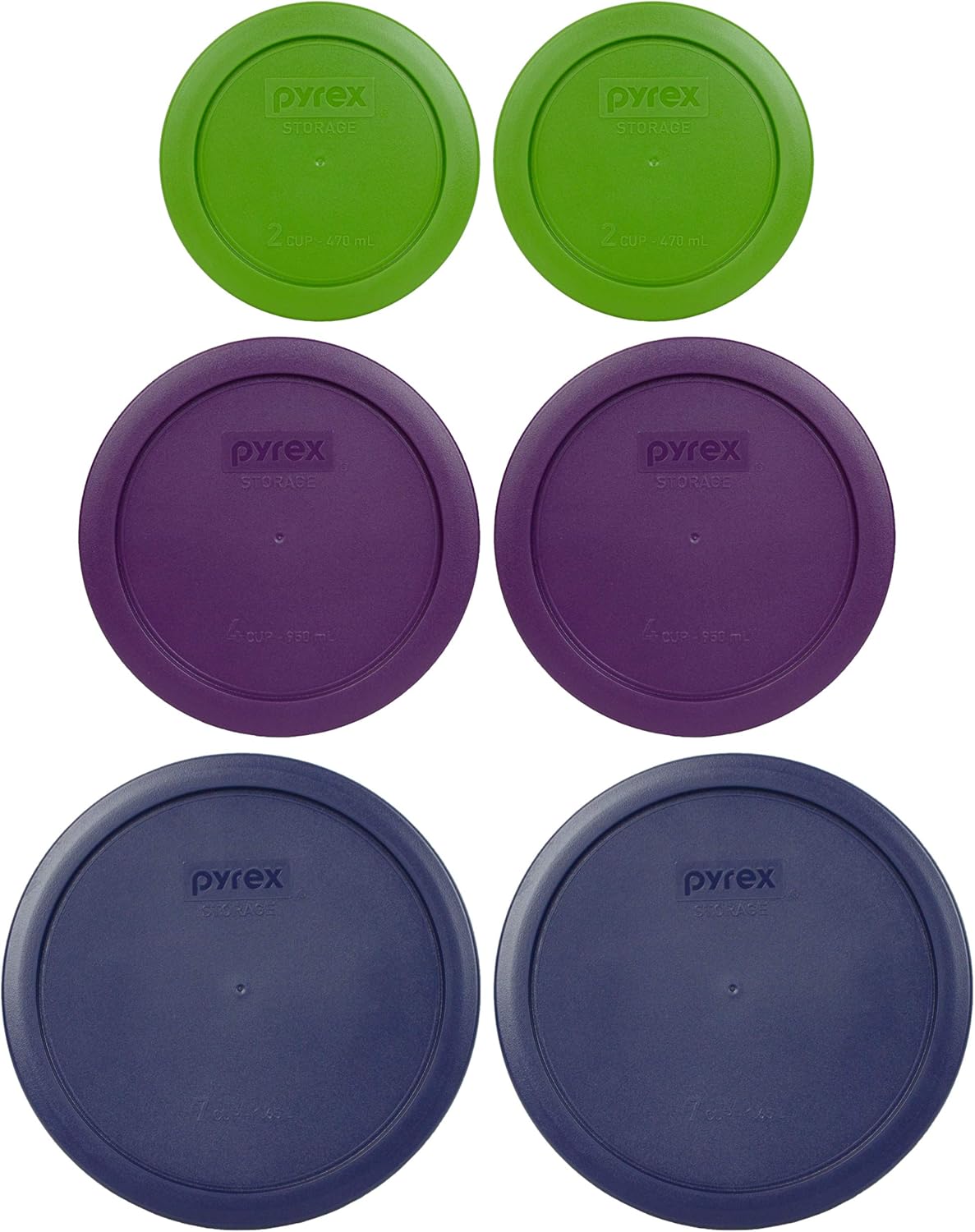 Pyrex Paquete de 6 artículos (2) tapas azules 7402-PC, (2) tapas moradas 7201-PC, (2) tapas verdes de césped 7200-PC, fabricadas en los Estados