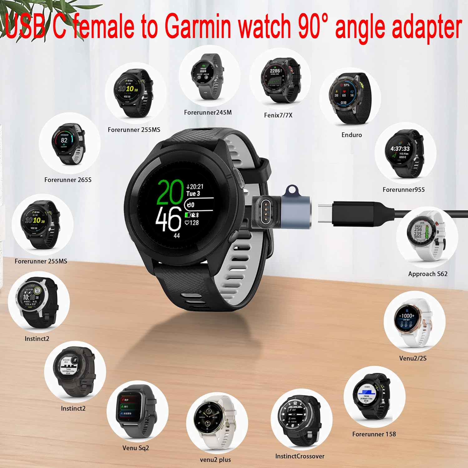 QIANRENON Conector adaptador de ángulo de 90 para reloj Garmin USB C, tipo C a Garmin, acoplador convertidor de ángulo recto de carga, para reloj