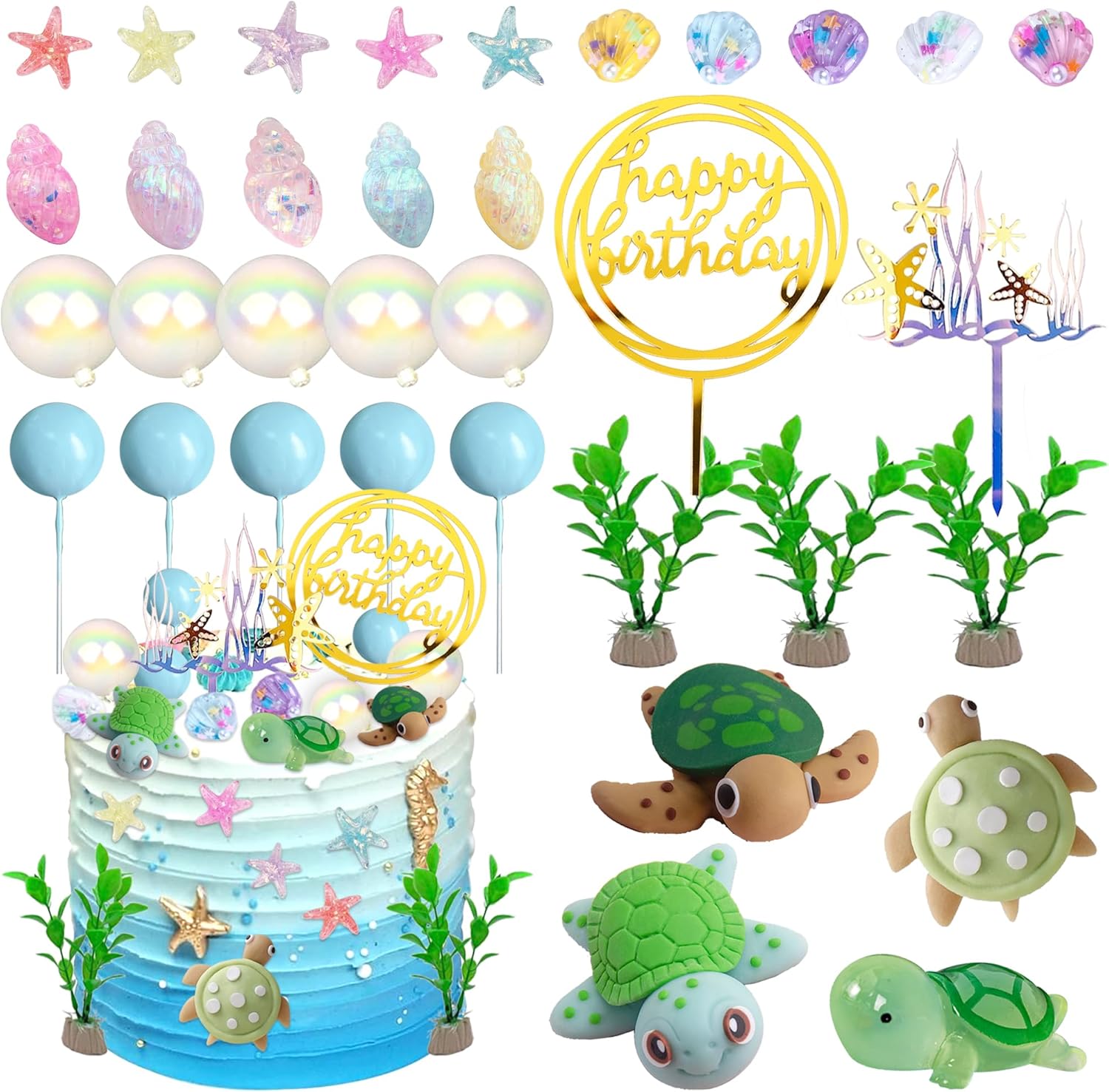 34 piezas de decoración de pastel de tortuga bajo el mar con tortuga oceánica conchas y conchas marinas para fiesta de cumpleaños temática del mar,