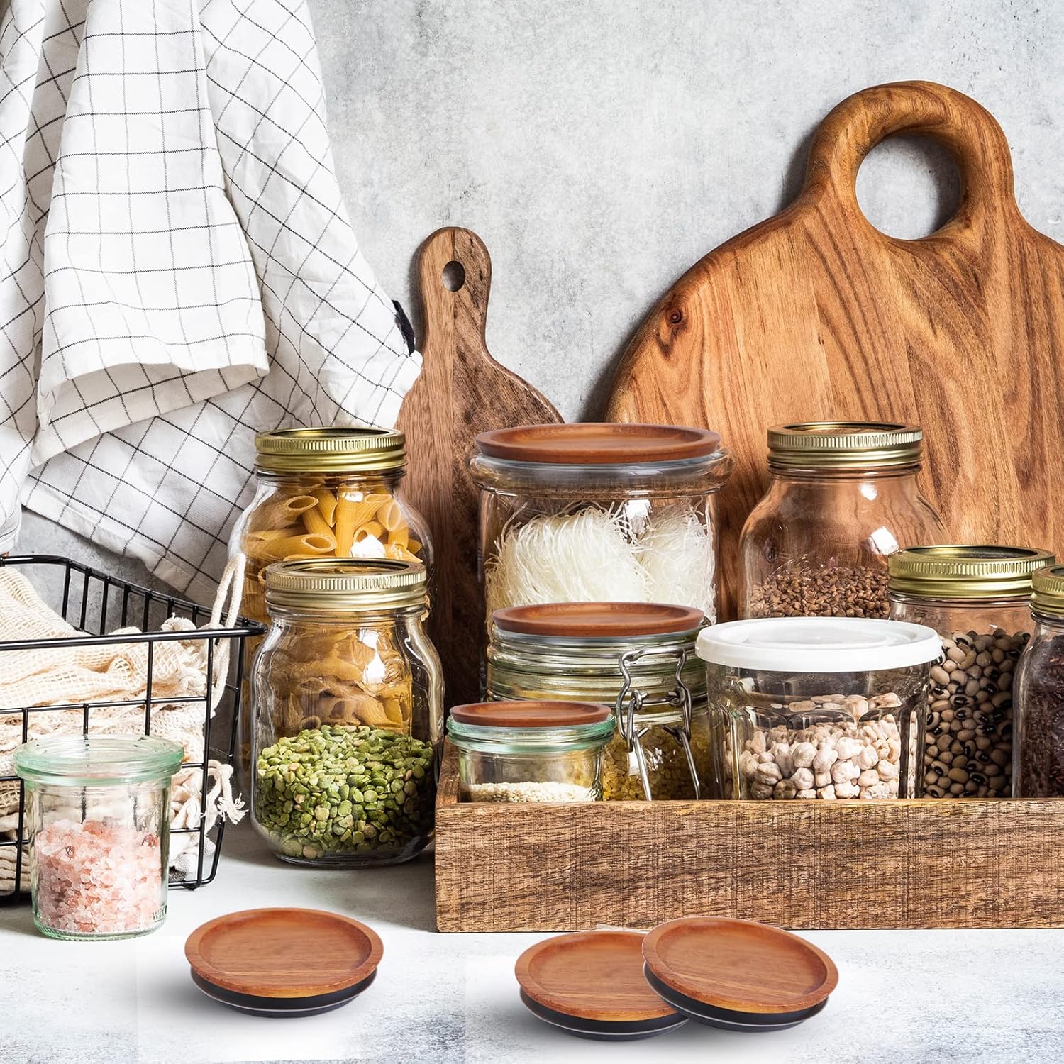 Paquete de 36 tapas para tarros de conservas de boca ancha, tapas de madera de acacia, tarros de bola, tapas de madera de bambú con bola hermética