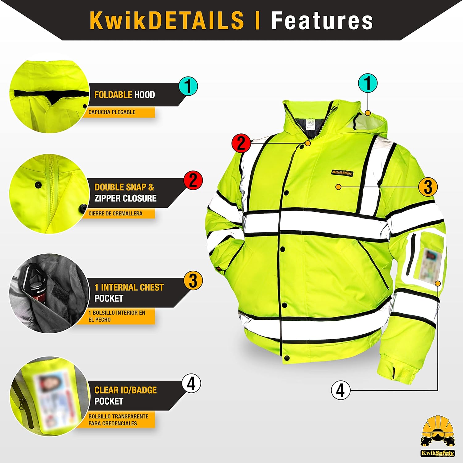 KwikSafety Chaqueta de seguridad ENFORCER, UNIVERSE & MARSHAL bolsillo para identificación y capucha plegable Clase 3 Probado por ANSI Cumple con