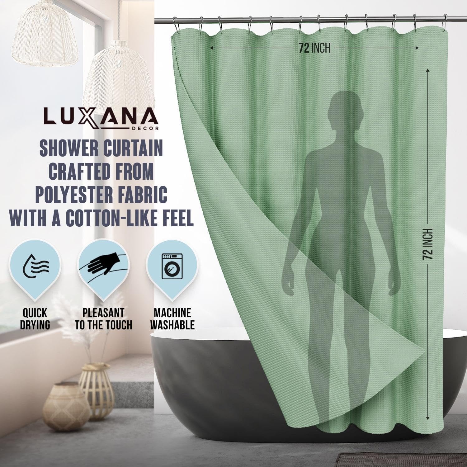 LUXANA Cortina de ducha verde albahaca de 72 x 72 pulgadas, juego de cortinas de ducha con 12 ganchos, juego de cortinas de baño neutras con cortina