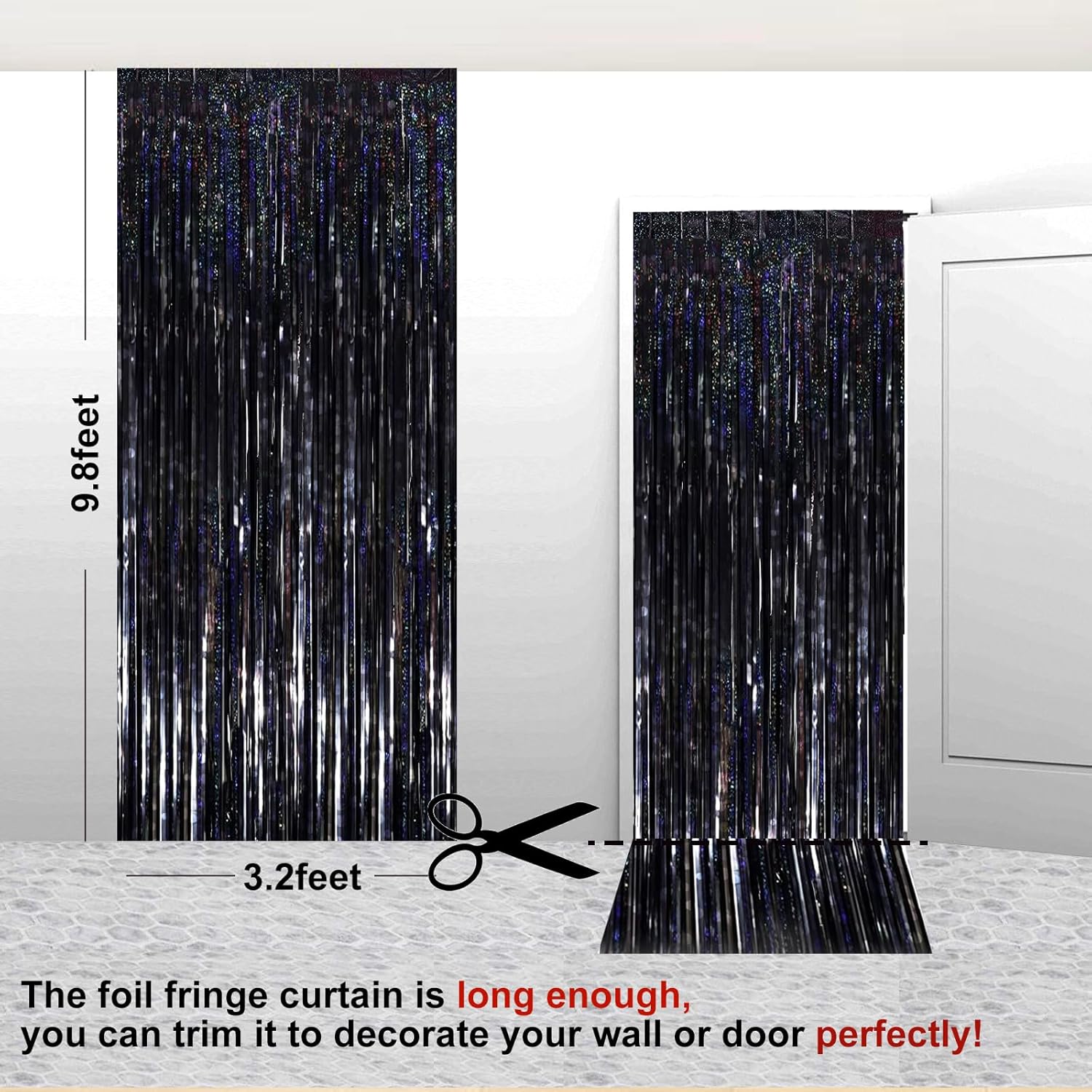 Paquete de 2 cortinas de oropel de color negro brillante de 3.2 x 9.8 pies, decoración de telón de fondo de fiesta con flecos metálicos para