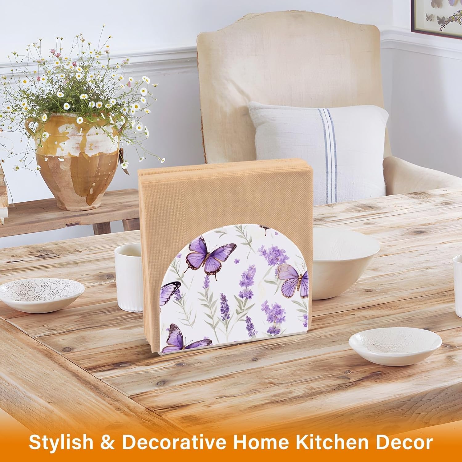 Servilleteros de mesa con mariposas y flores de lavanda para mesa, paquete de 2, soporte decorativo de acrílico para servilletas de cóctel, soporte