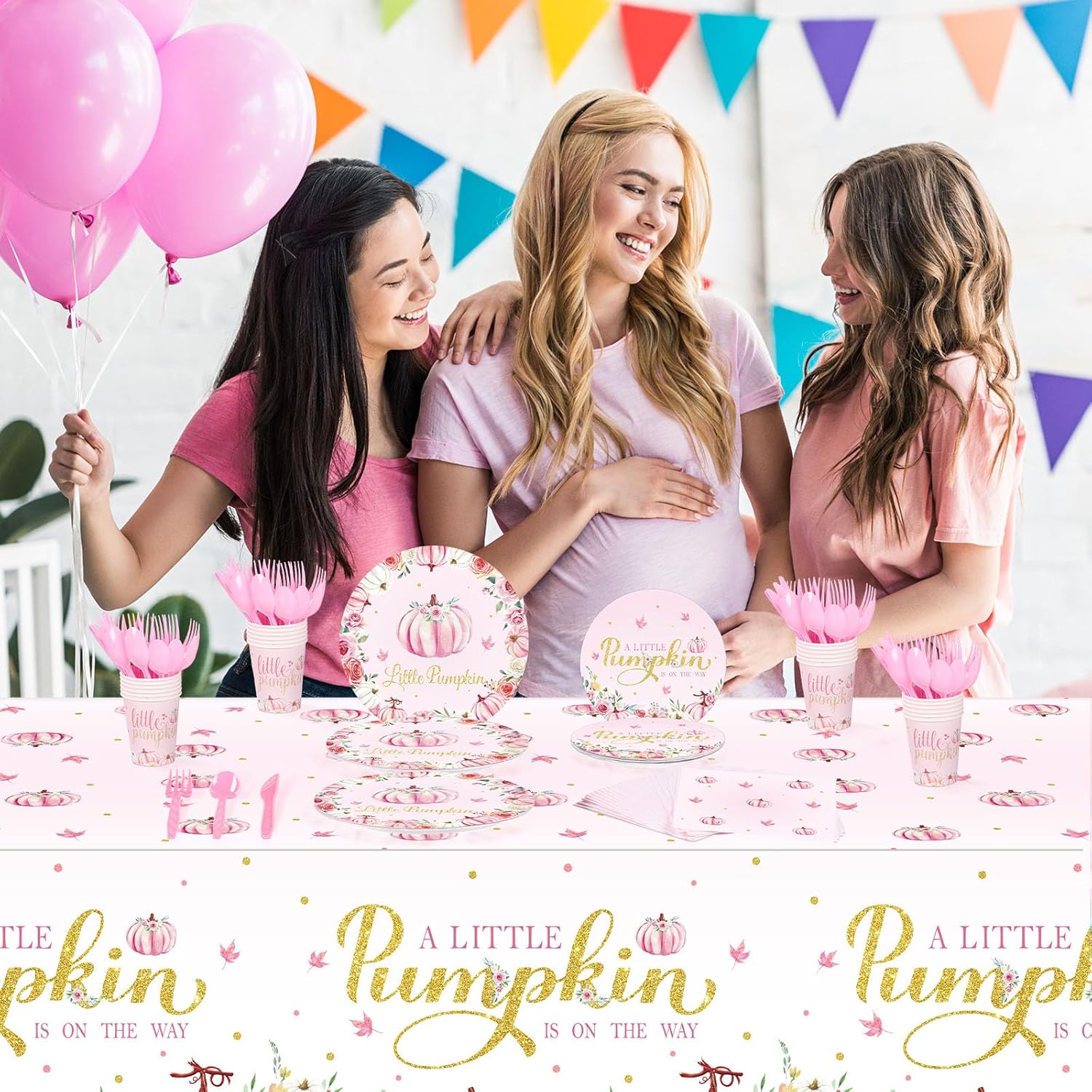 Tioncy Juego de vajilla de 150 piezas con diseño de calabaza pequeña, platos y servilletas para baby shower, color rosa, A Little Pumpkin is on The