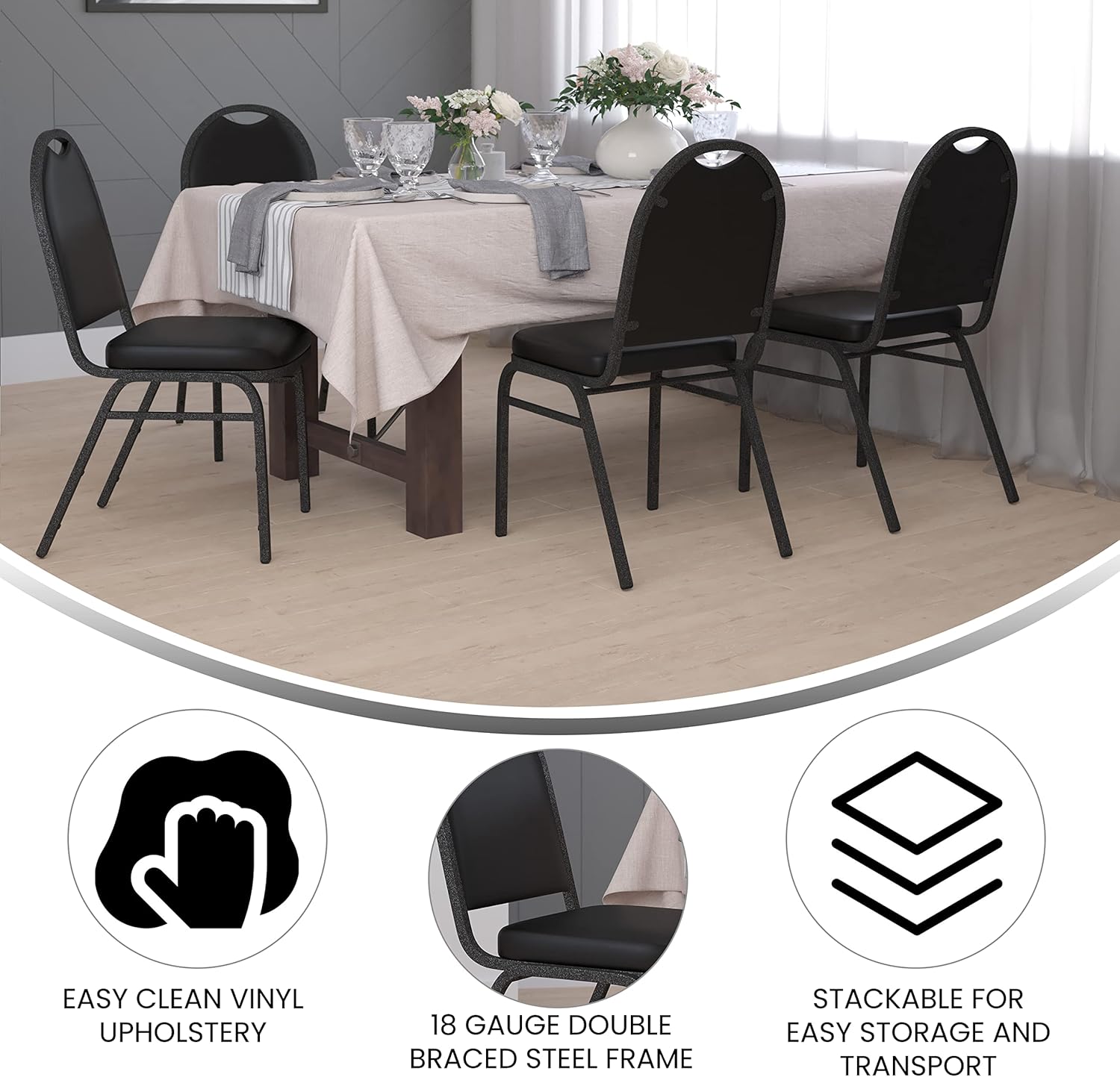 BizChair Hercules – Juego de 4 sillas apilables de grado comercial de 500 libras de capacidad, tapicería de vinilo negro, marcos de metal de vena