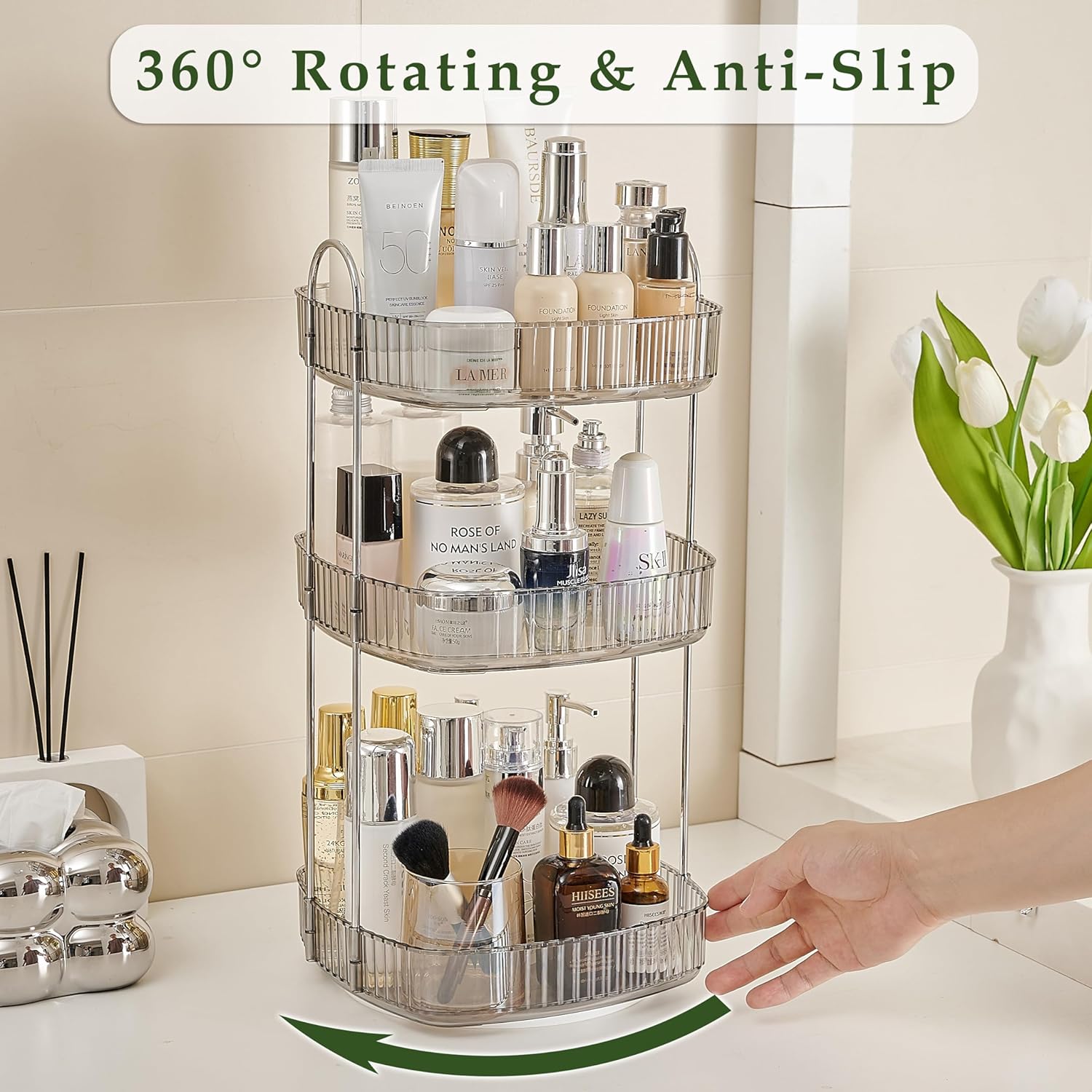 CICUFY Organizador de maquillaje giratorio cuadrado Organizador de contador de baño para cosméticos de cuidado de la piel de perfume – gris 3 niveles