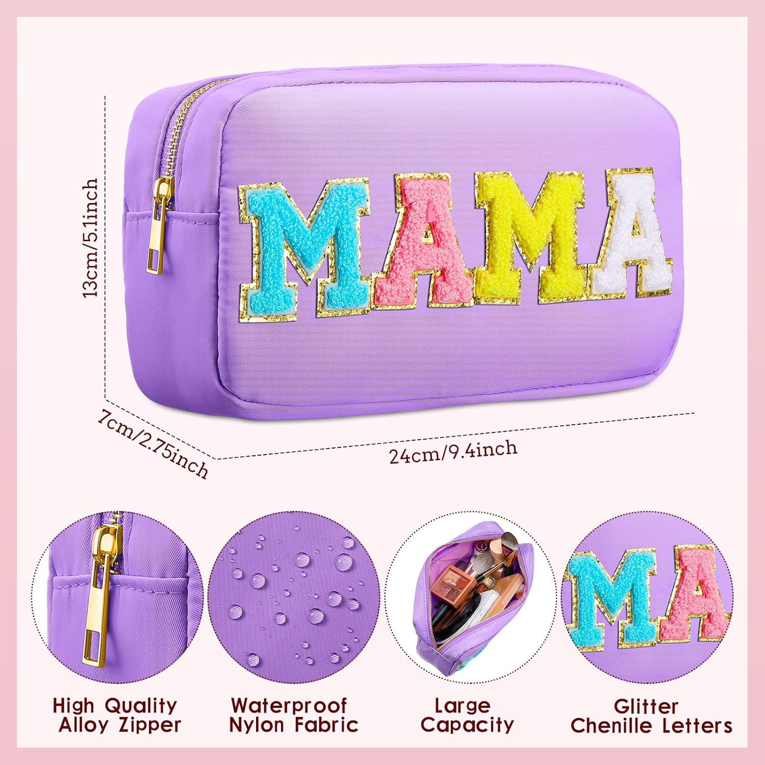 Sanwuta Bolsa de cosméticos de nailon, bolsa de maquillaje con letras de chenilla, bolsa de maquillaje con cremallera, bolsa de artículos de tocador