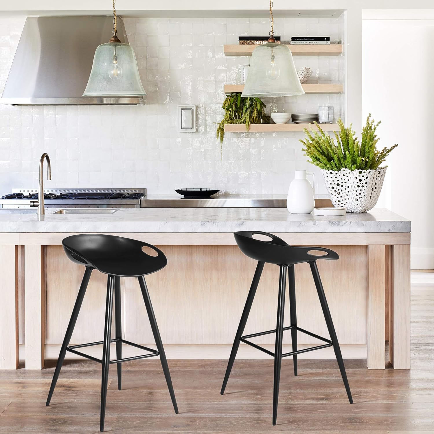Set of 2 Bar Stools, 32.3-inch Simple Modern Style High Counter Stool with Low Backrest & Footrest & Metal Legs & PP Seat, Portable Barstools for