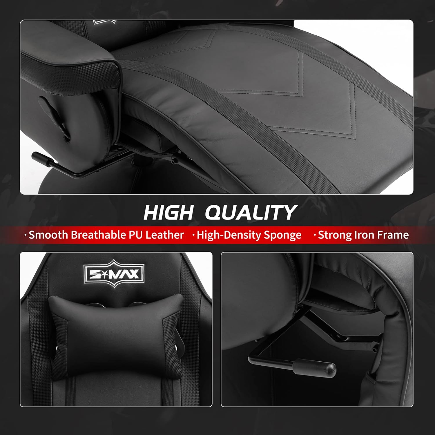 S*MAX Silla reclinable para juegos para adultos, estilo carreras, ergonómica, con respaldo alto, giratoria, de piel sintética, con respaldo
