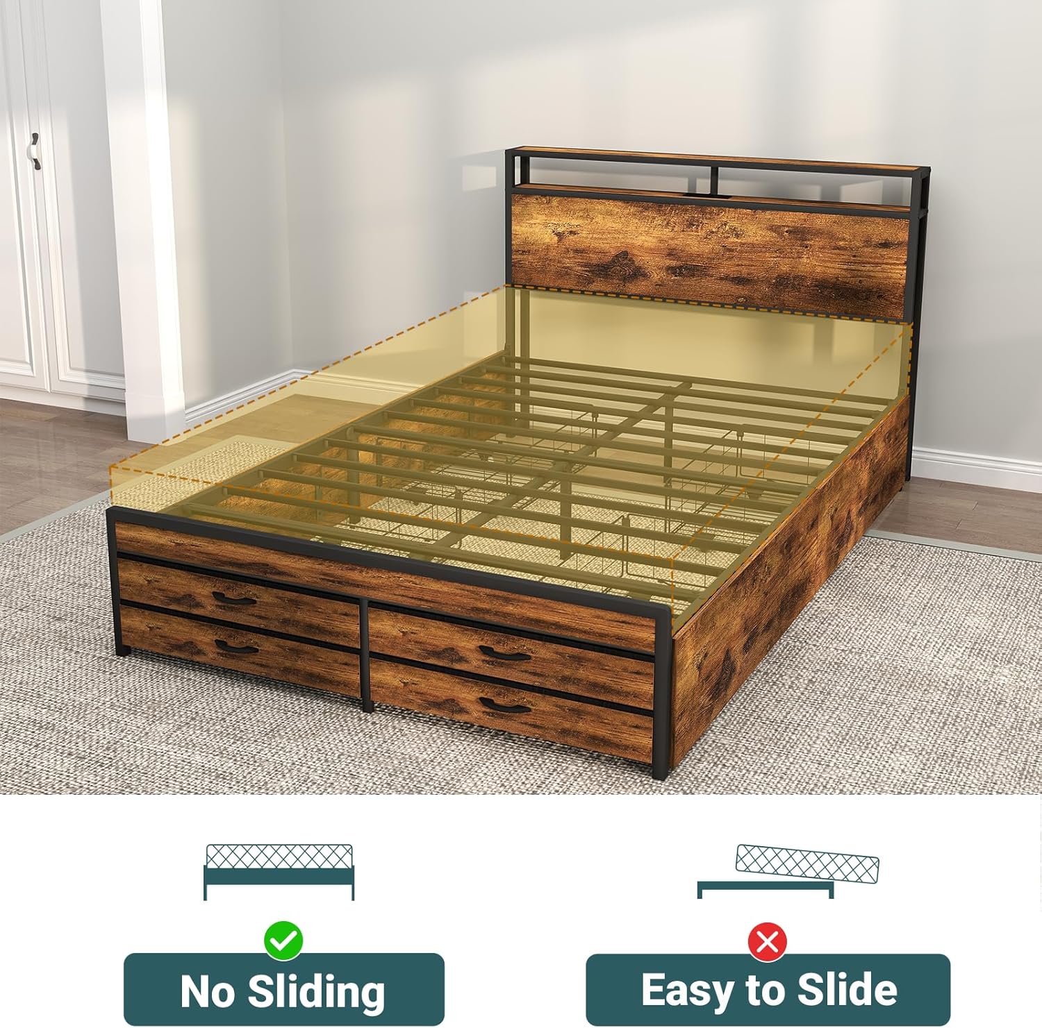 Base de cama tamaño Queen con 8 cajones de almacenamiento, cama de plataforma Queen resistente con cabecera y estribo de madera, diseño sin ruido,