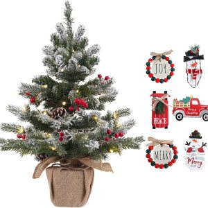 DECSPAS – Mini árbol de Navidad nevado preiluminado de 24 pulgadas y 2 pies, árbol de Navidad flocado de mesa pequeño con 20 luces LED, bayas rojas DECSPAS – Mini árbol de Navidad nevado preiluminado de 24 pulgadas y 2 pies, árbol de Navidad flocado de mesa pequeño con 20 luces LED, bayas rojas