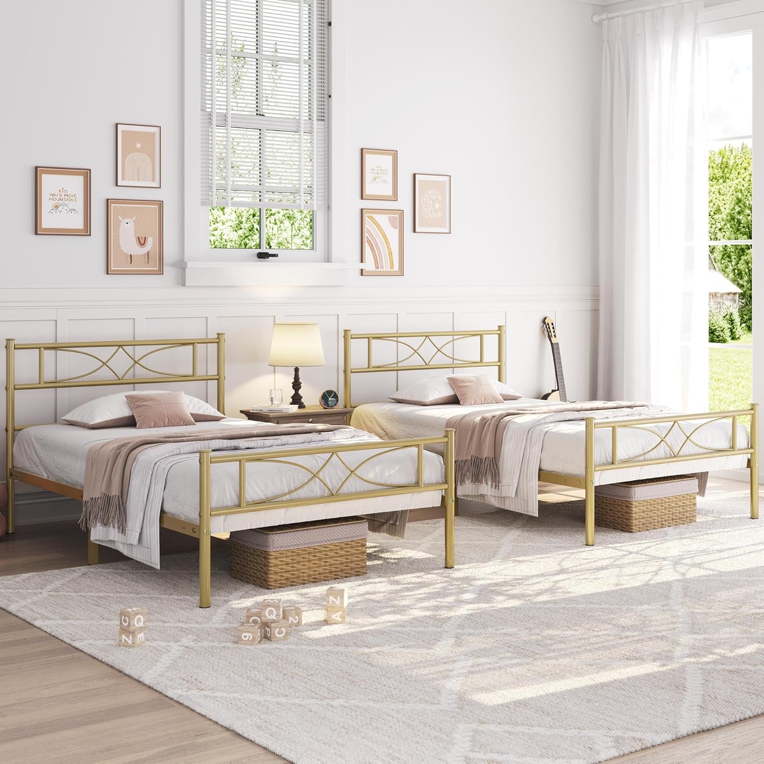 Yaheetech Base de cama de metal individual, base de cama con plataforma, base de colchón con cabecera y estribo de diseño curvo, soporte resistente,