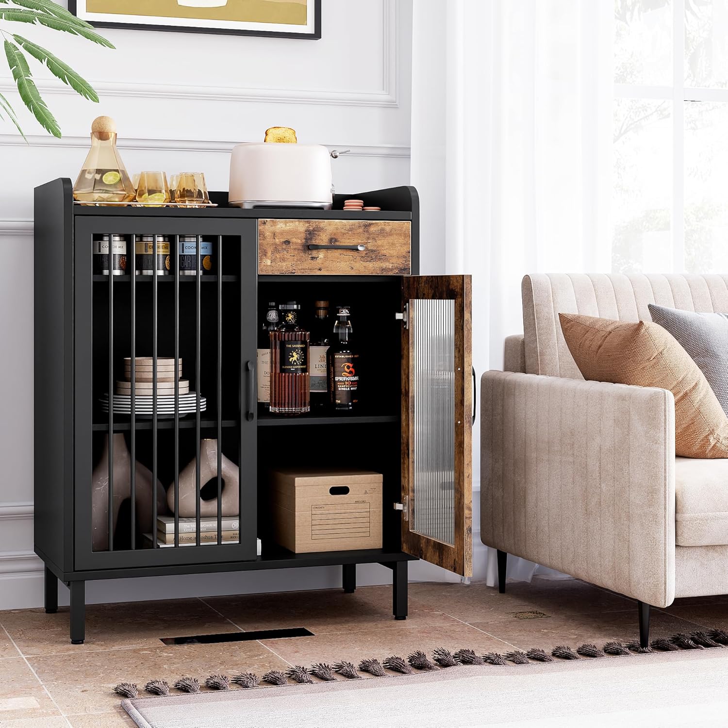 Aparador de buffet moderno, armario de almacenamiento de cocina con estantes y puertas de vidrio, gabinete de buffet de metal con cajones, barra de