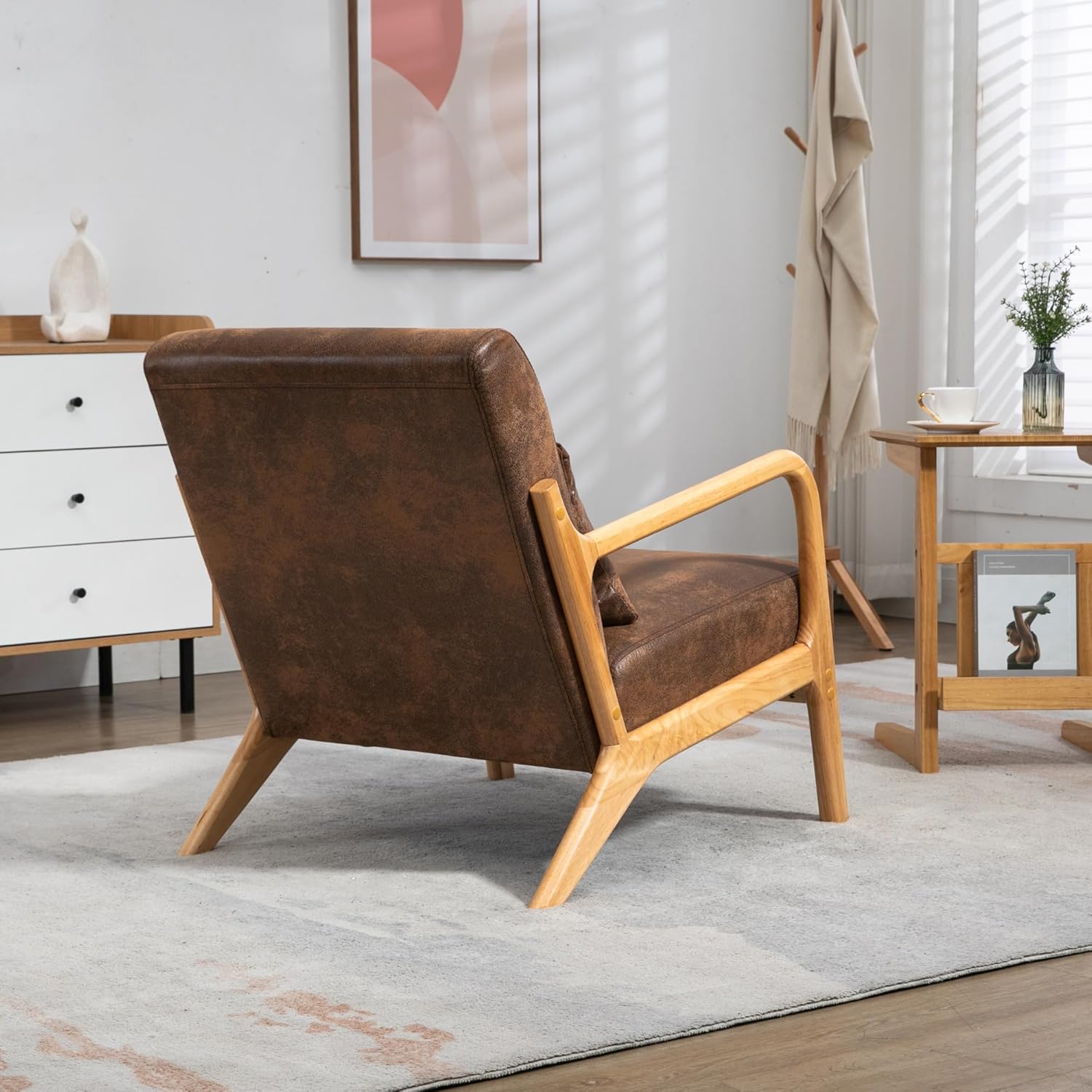 JUUXO Silla decorativa moderna Mid-Century marco de madera maciza con cojín lumbar tapizado, diseño versátil y minimalista para sala de estar,