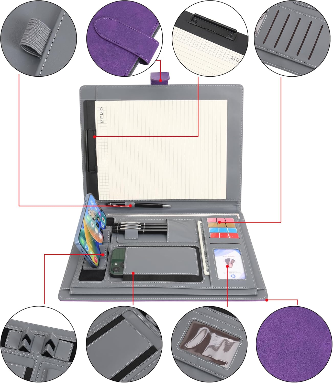 Wason Portafolio Padfolio A4 – Carpeta de piel sintética con almohadilla de escritura, funda extraíble para portapapeles, tarjeta, soporte para