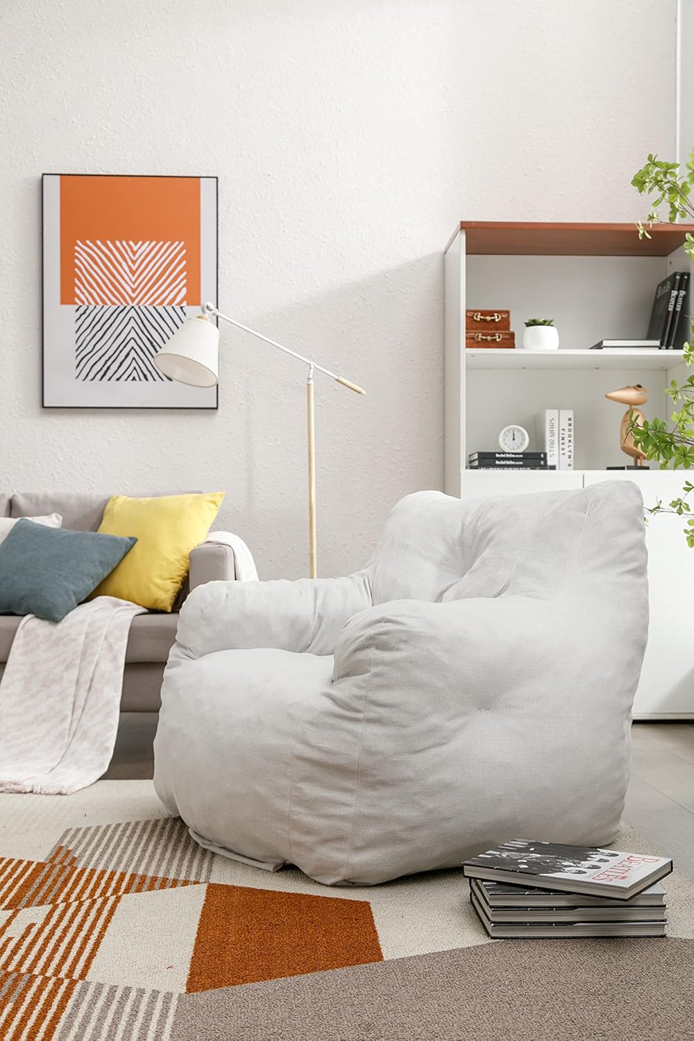Puf, sillón de tela de terciopelo ultra suave para adultos y niños, cómodo sofá de ocio para dormitorio, sala de estar, apartamento, marfil
