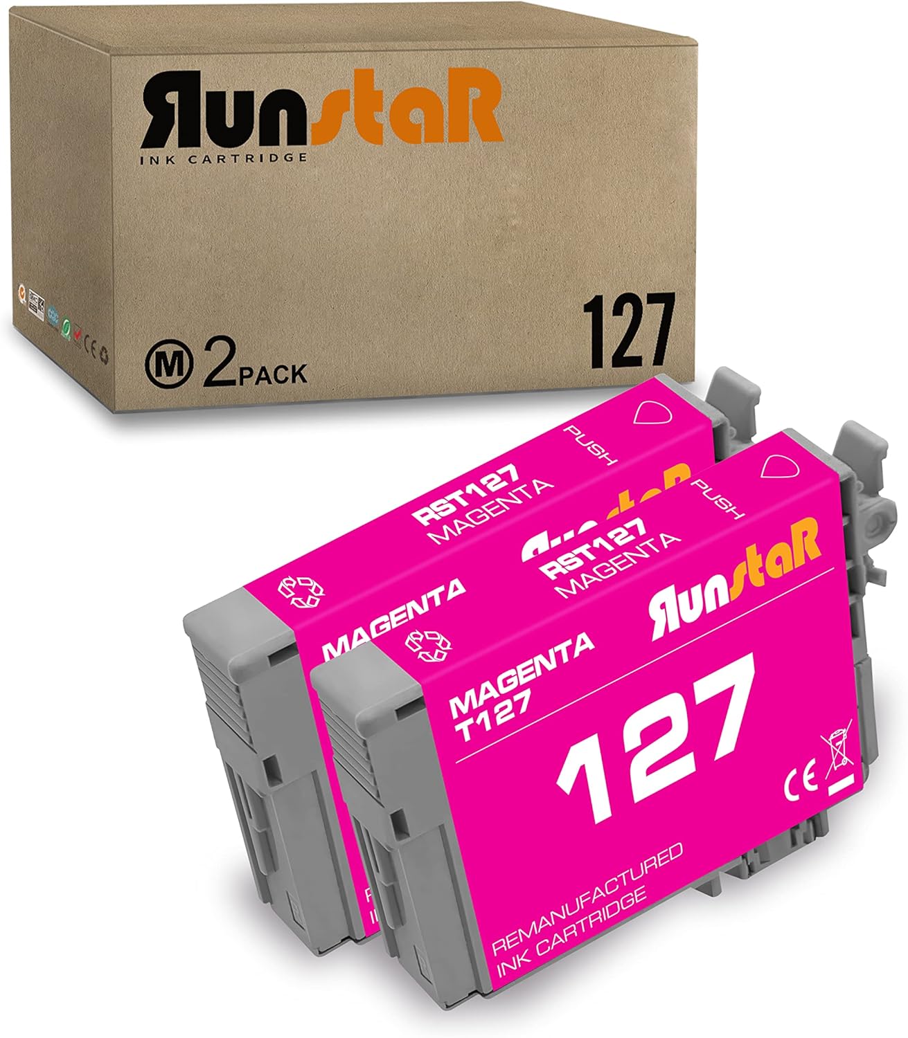 Run Star Paquete de 2 cartuchos de tinta 127 magenta remanufacturados de repuesto para Epson 127 T127 uso para Epson Workforce 60 530 625 545 645