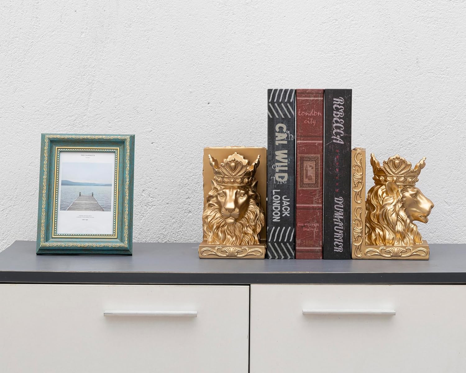 Sujetalibros decorativos de estatua de león (juego de 2) escultura de león corona para regalo de Leo, sujetalibros resistentes, extremos