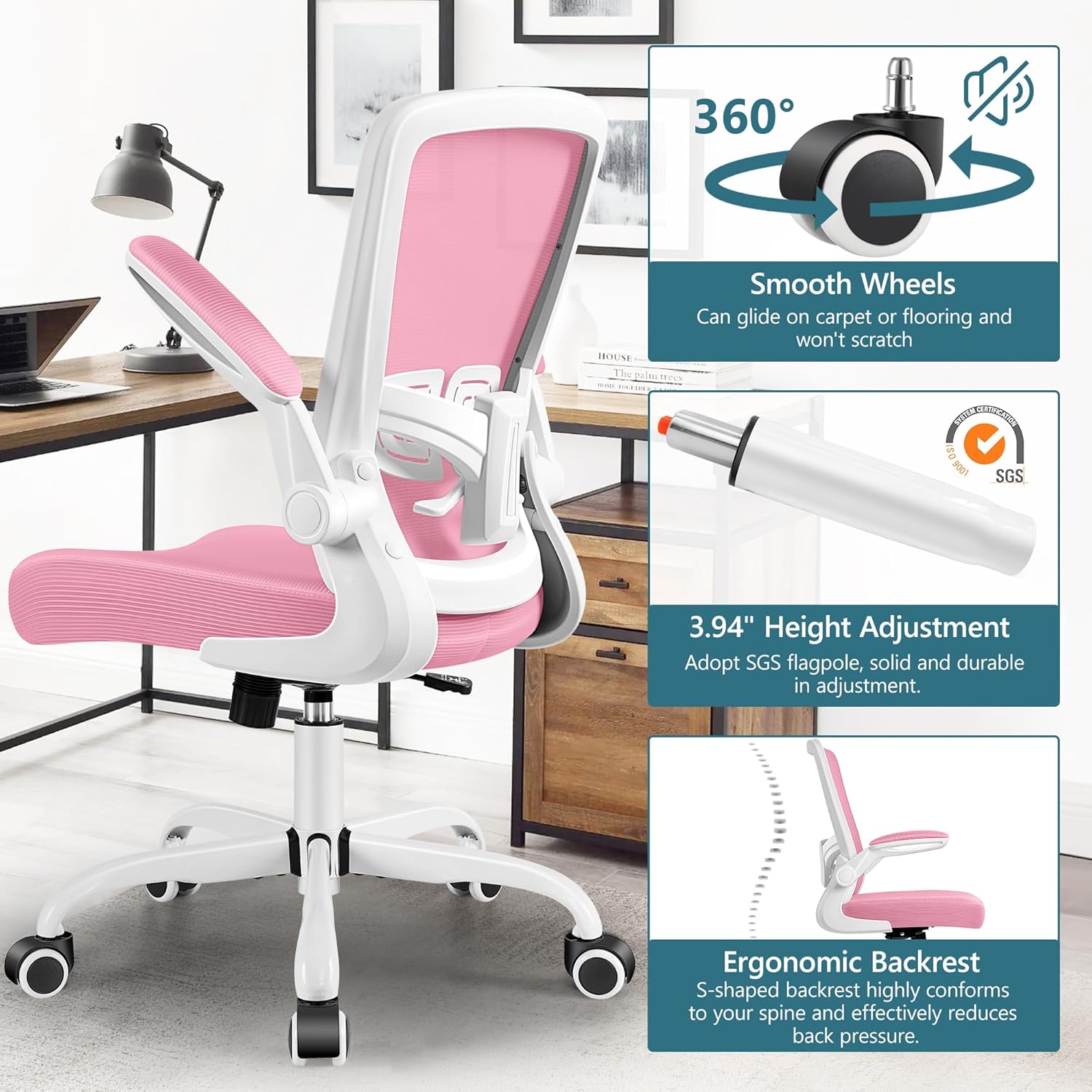 MINLOVE Silla de oficina ergonómica con soporte lumbar ajustable y altura, reposabrazos abatibles de 90, sillas de escritorio Ergo con ruedas, uso