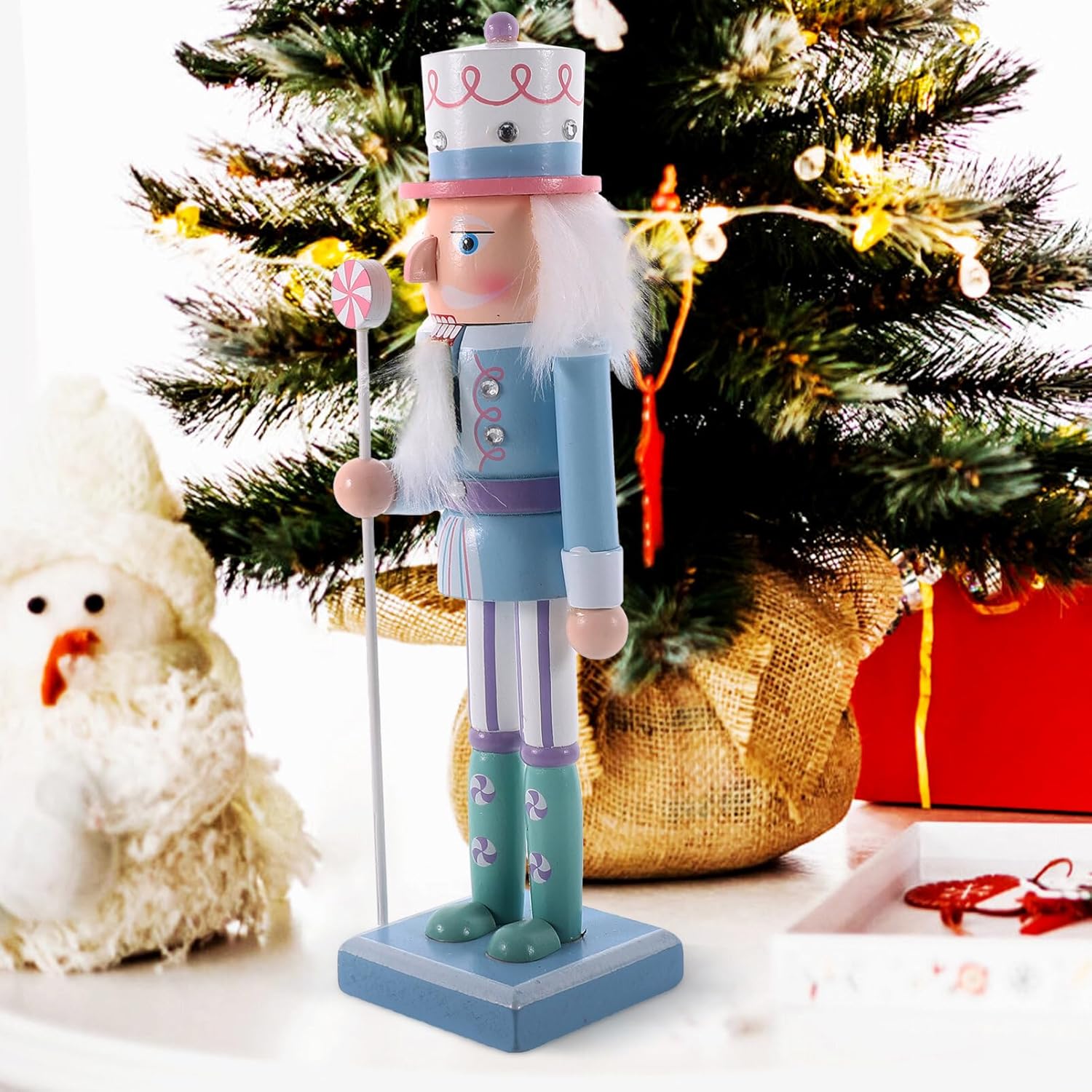 Garneck Soldado de cascanueces de Navidad de madera, decoración de figura de cascanueces de Navidad azul, adorno de cascanueces de 9.8 pulgadas para