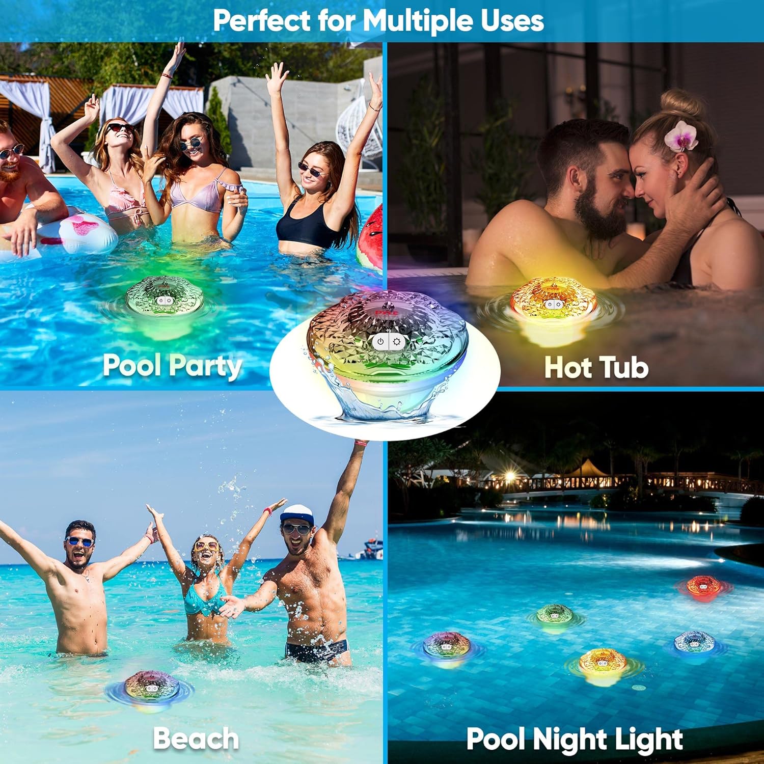 Pyle Bola de luz flotante para piscina, 3 luces solares que cambian de color para piscina, luces flotantes impermeables IP68 recargable, luz