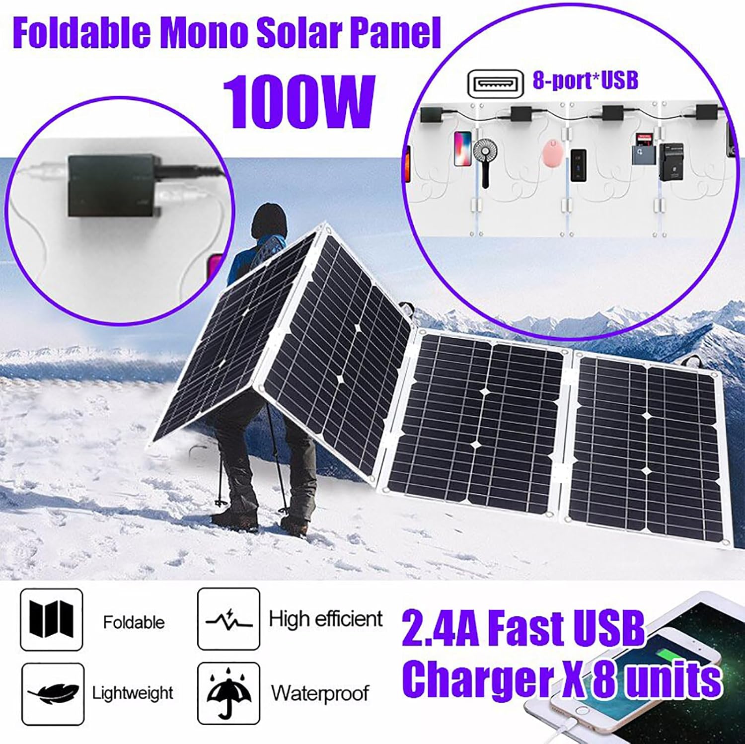 CANEVE Kit de inversor de sistema solar de 3000 W, panel solar plegable impermeable de 100 W, controlador de potencia de 12 V a 110 V220 V50A,