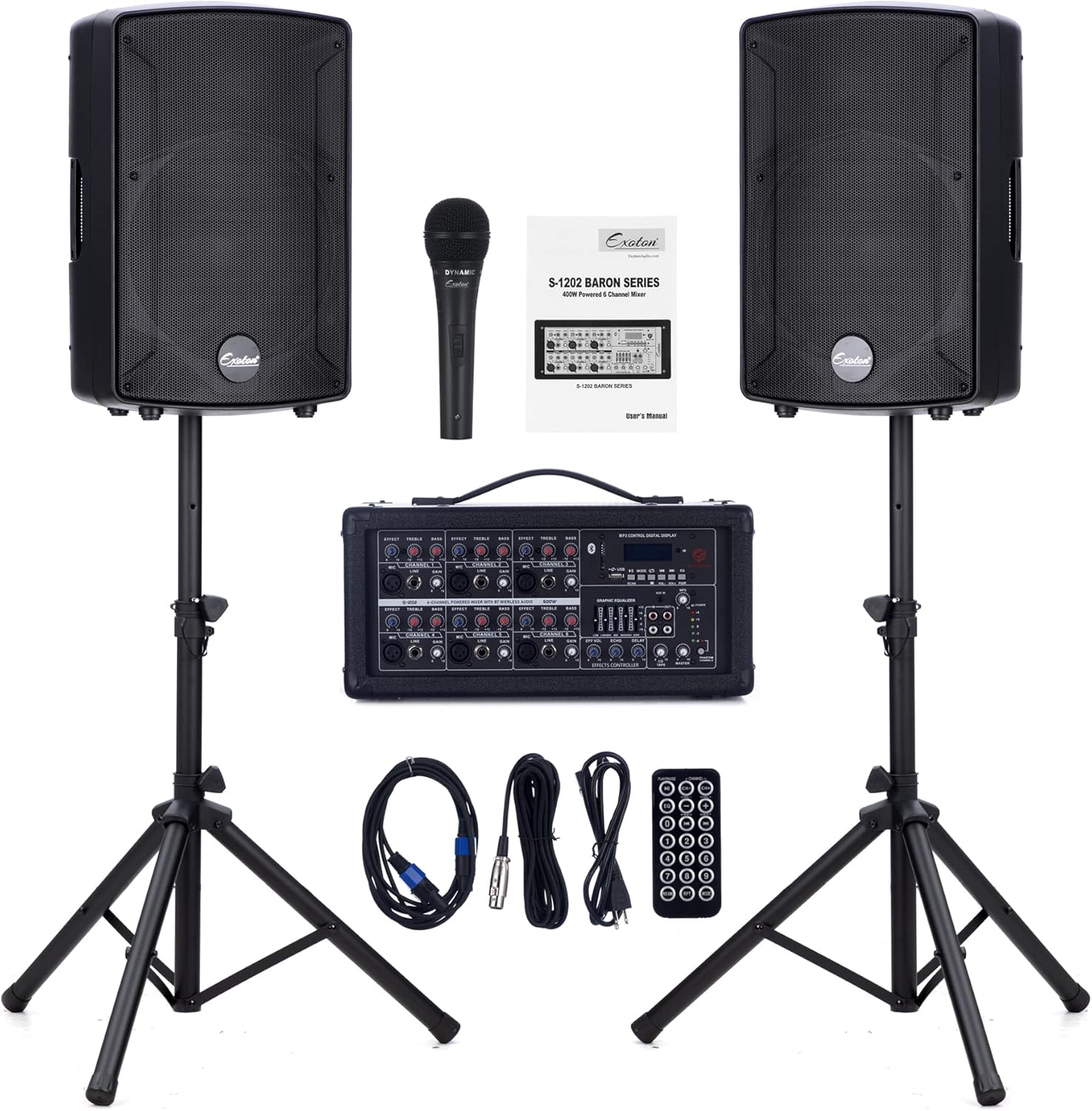S-1202 Sistema PA Bluetooth de 12 pulgadas y 2000 W con juego de mezclador eléctrico, altavoces pasivos con mezclador de 6 canales, soportes,