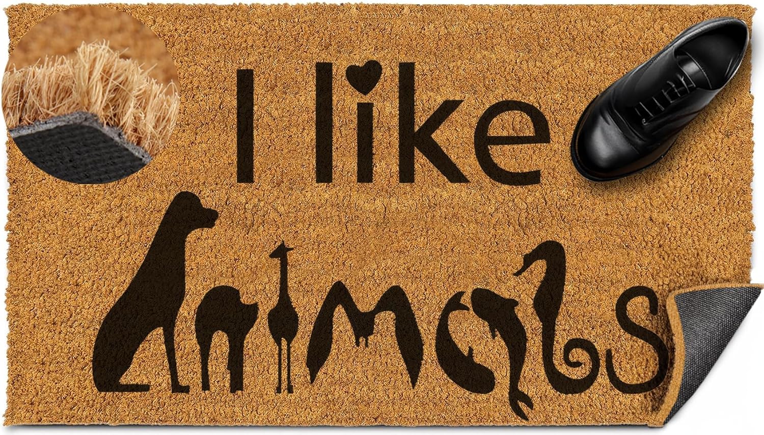 Tapete para puerta con texto en inglés “I Like Animals”, resistente fibra de coco gruesa para exterioresinteriores con respaldo de PVC