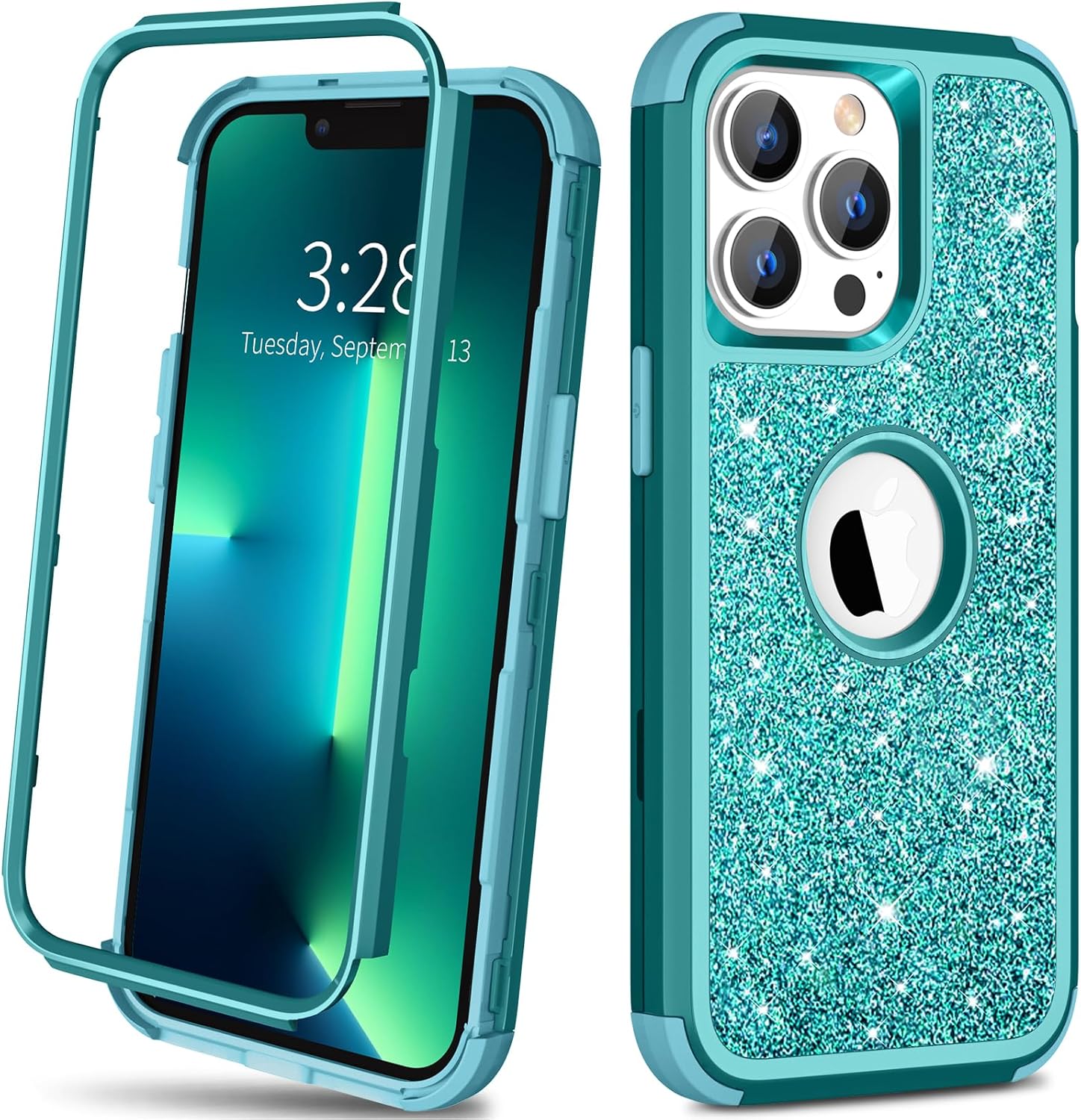 Hython Funda para iPhone 13 Pro Max con purpurina, bonita funda brillante brillante, resistente 3 en 1, híbrida de policarbonato duro suave,