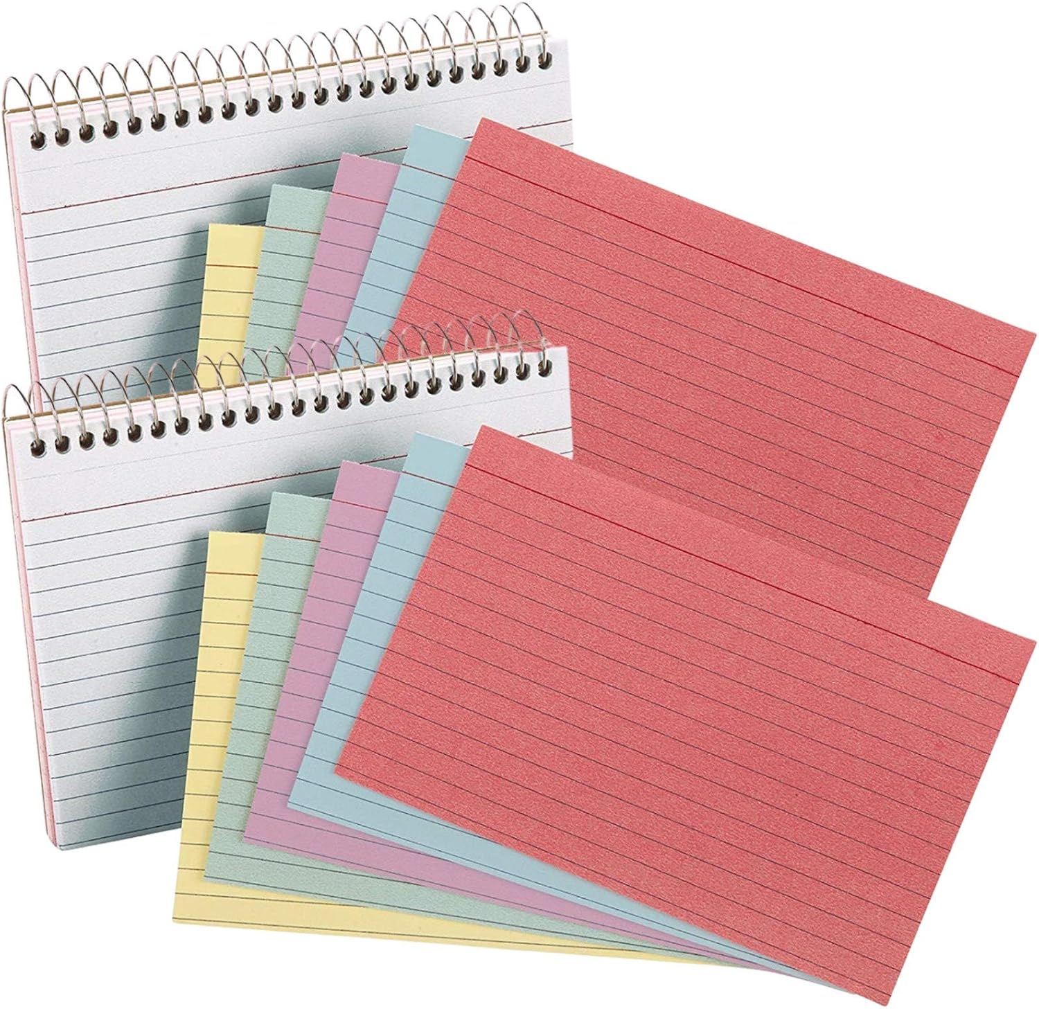 1InTheOffice Fichas de índice en espiral de 4 x 6 pulgadas, con rayas, encuadernadas en espiral, tarjetas de notas en espiral, colores surtidos, 50