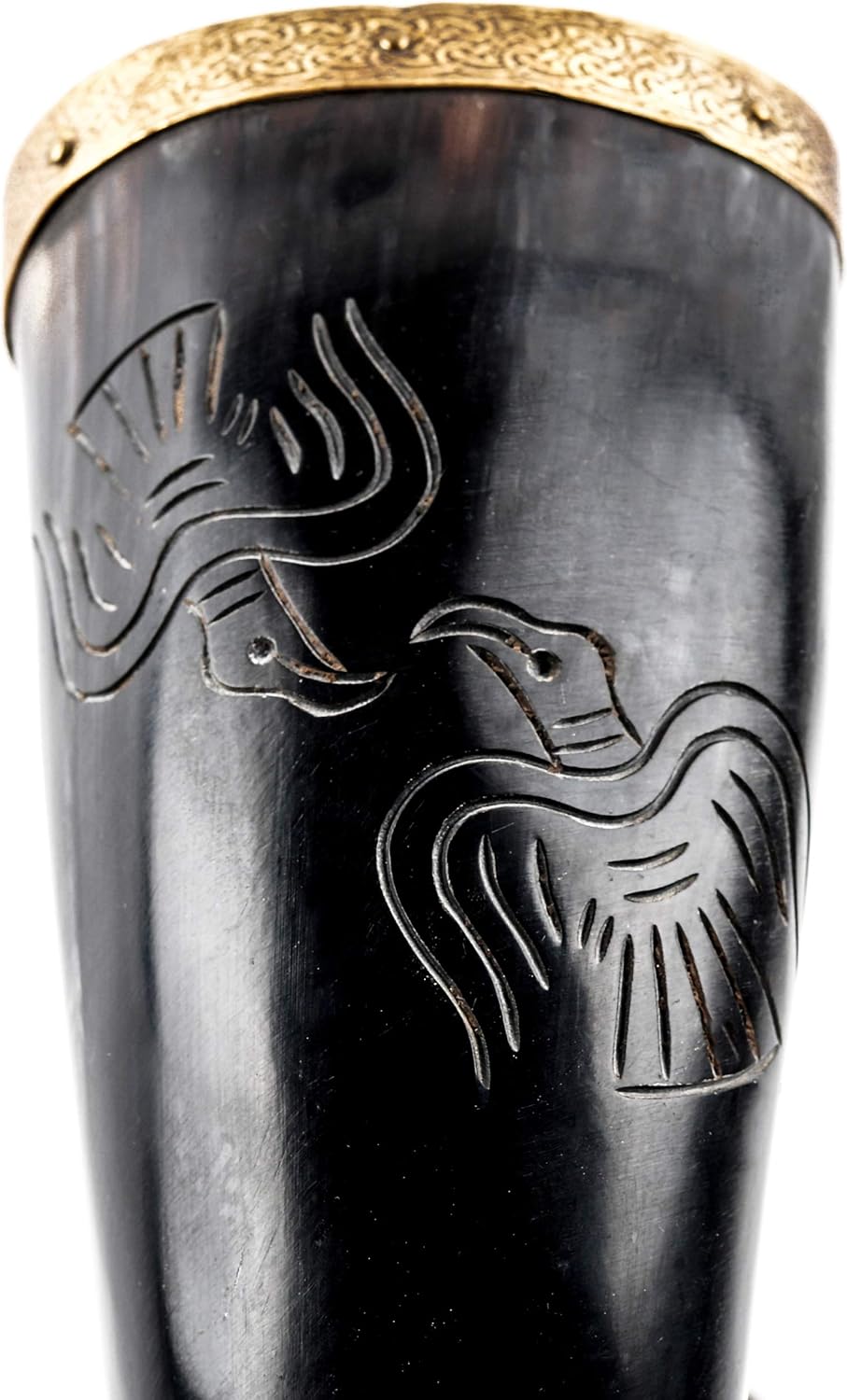 Mythrojan The Bird of Prey – Cuerno vikingo con soporte de cuero marrón, auténtica taza de vino vikingohidromiel inspirada en la Edad Media, acabado