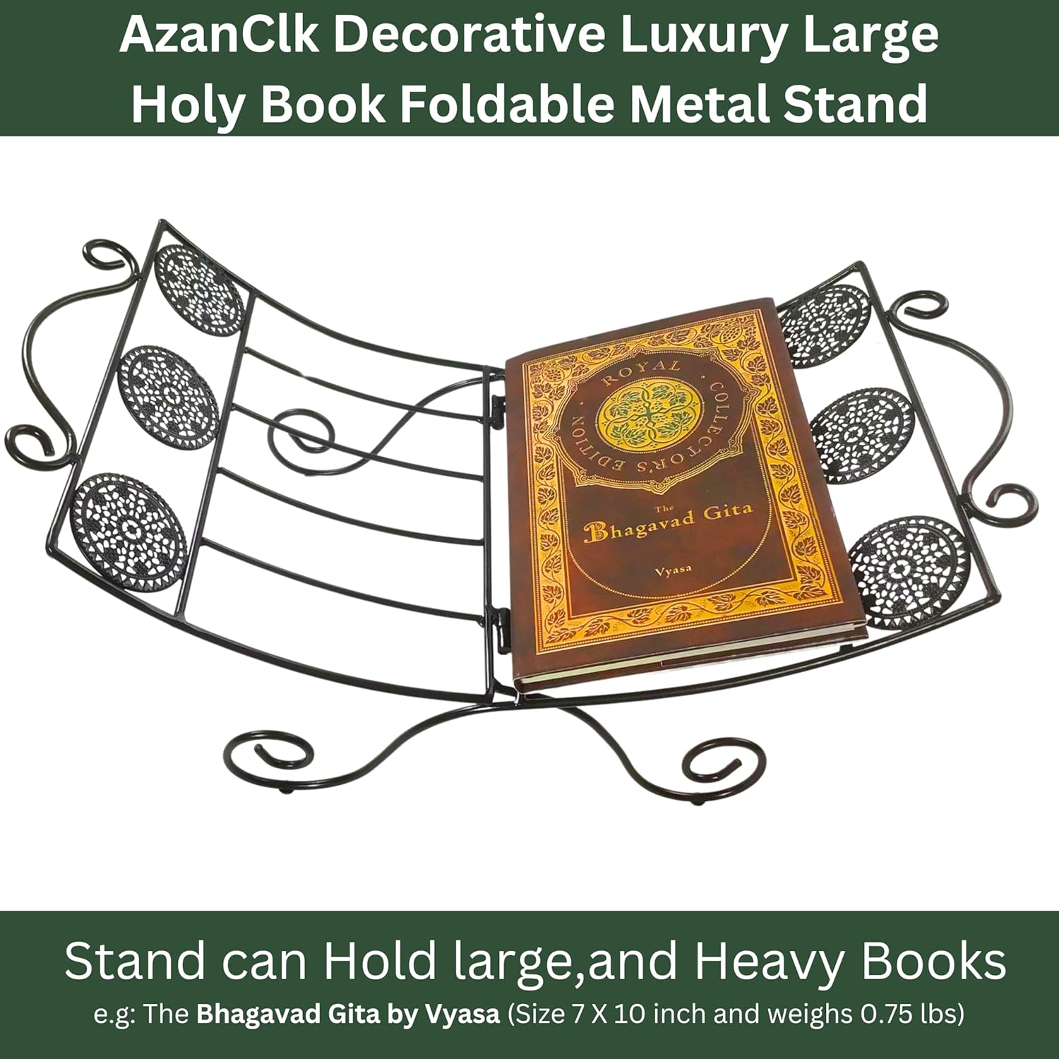 AzanClk Soporte decorativo de metal para libros de texto grandes, Biblia, Corán, Geeta y otros libros sagrados o revistas (negro)