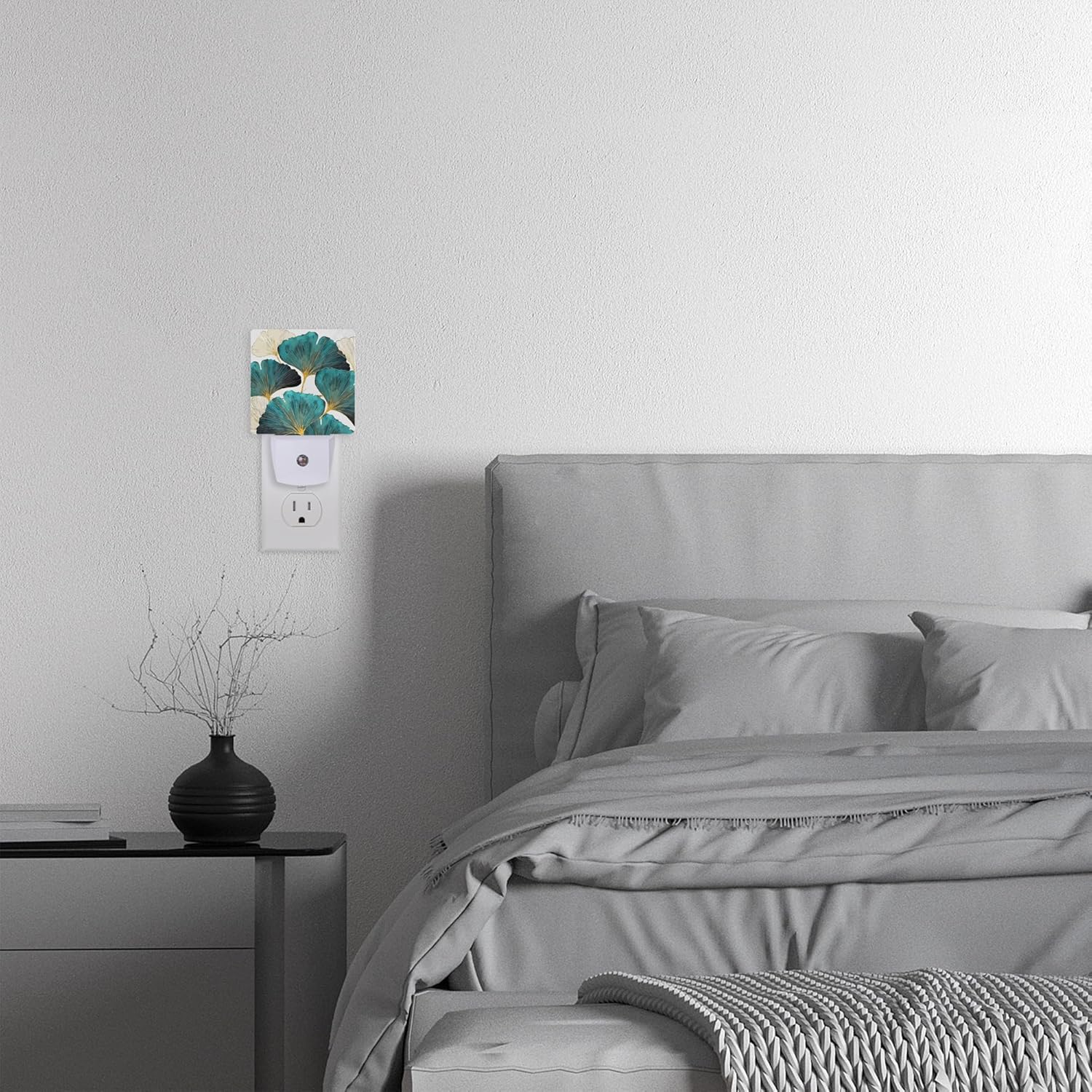 Luz nocturna, hojas de ginkgo verdes, luces nocturnas enchufables a la pared para niños y niñas, luz nocturna decorativa media redonda, lámpara LED