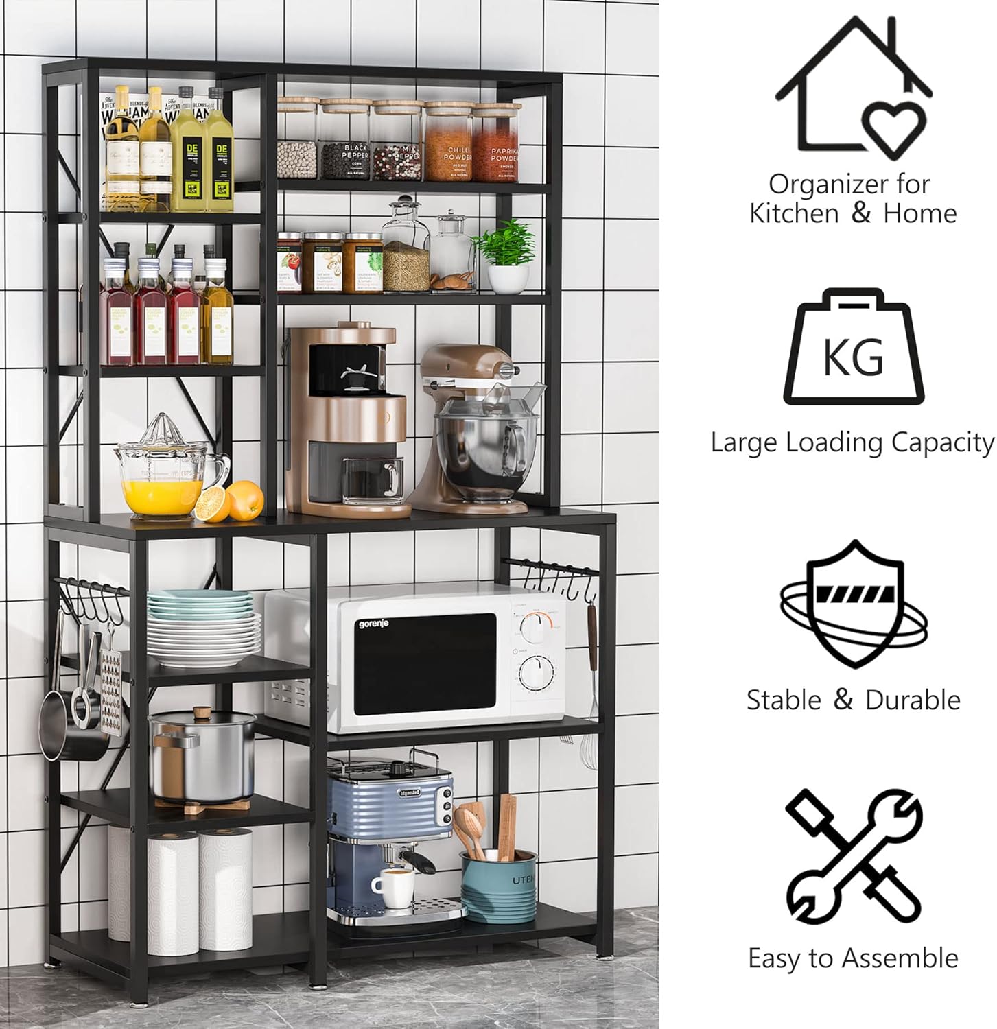 Tribesigns Estante de cocina para panadero, mesa de almacenamiento de cocina de 5 niveles + 6 niveles con 10 ganchos en forma de S y marco de metal,
