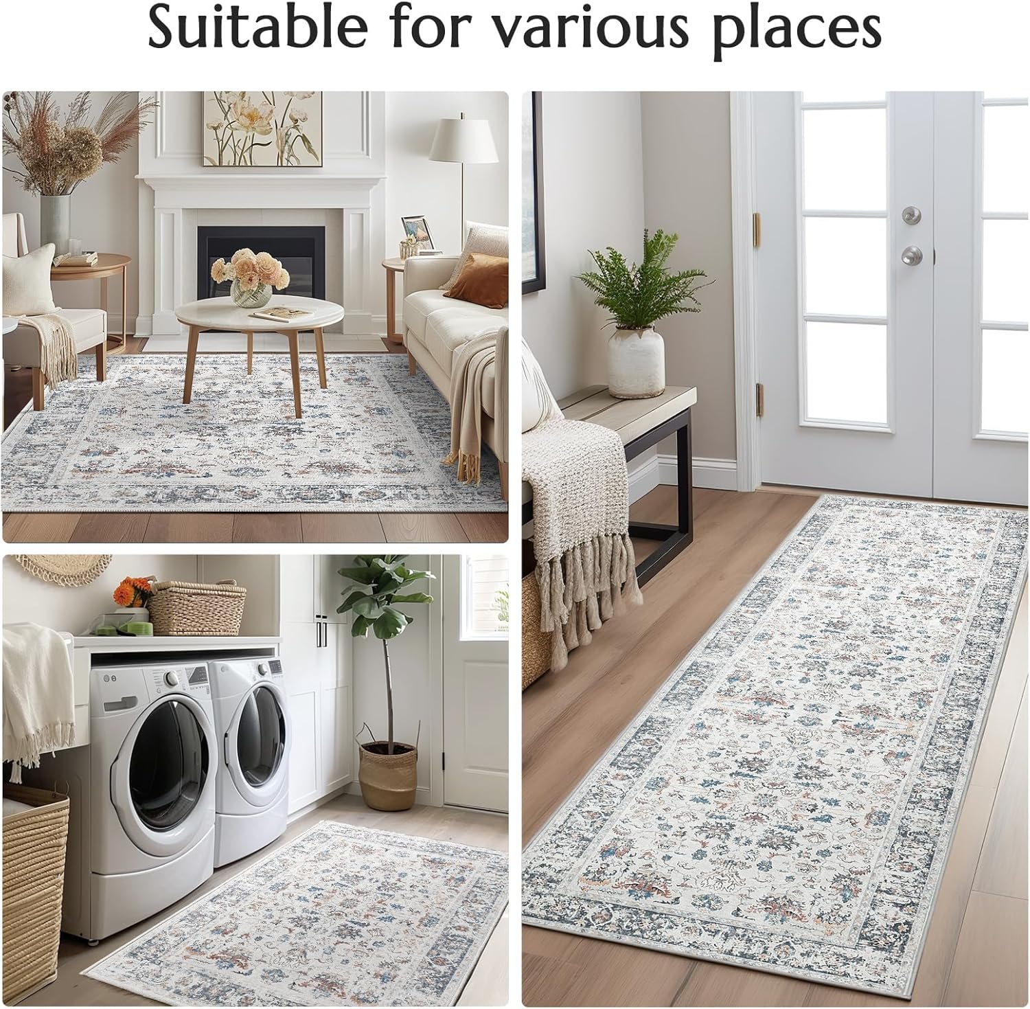 jinchan Alfombra vintage envejecida de 2 x 8 pies, alfombra de entrada, alfombra fina con estampado floral múltiple, antideslizante, estilo bohemio,
