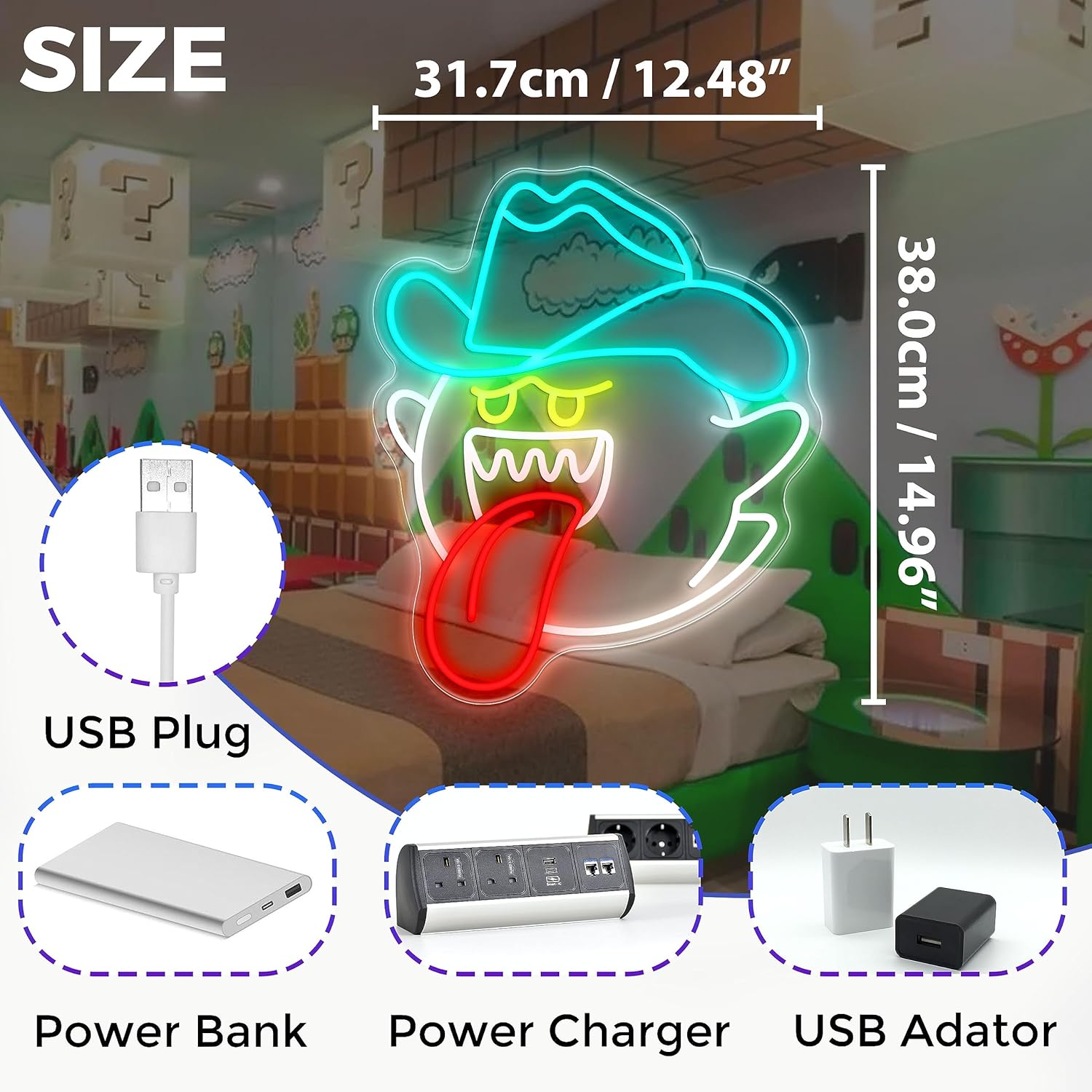 Letrero acrílico de neón de Cowboy King Boo para decoración de sala de juegos, 12.48 x 14.96 pulgadas, luces LED de neón regulables para habitación