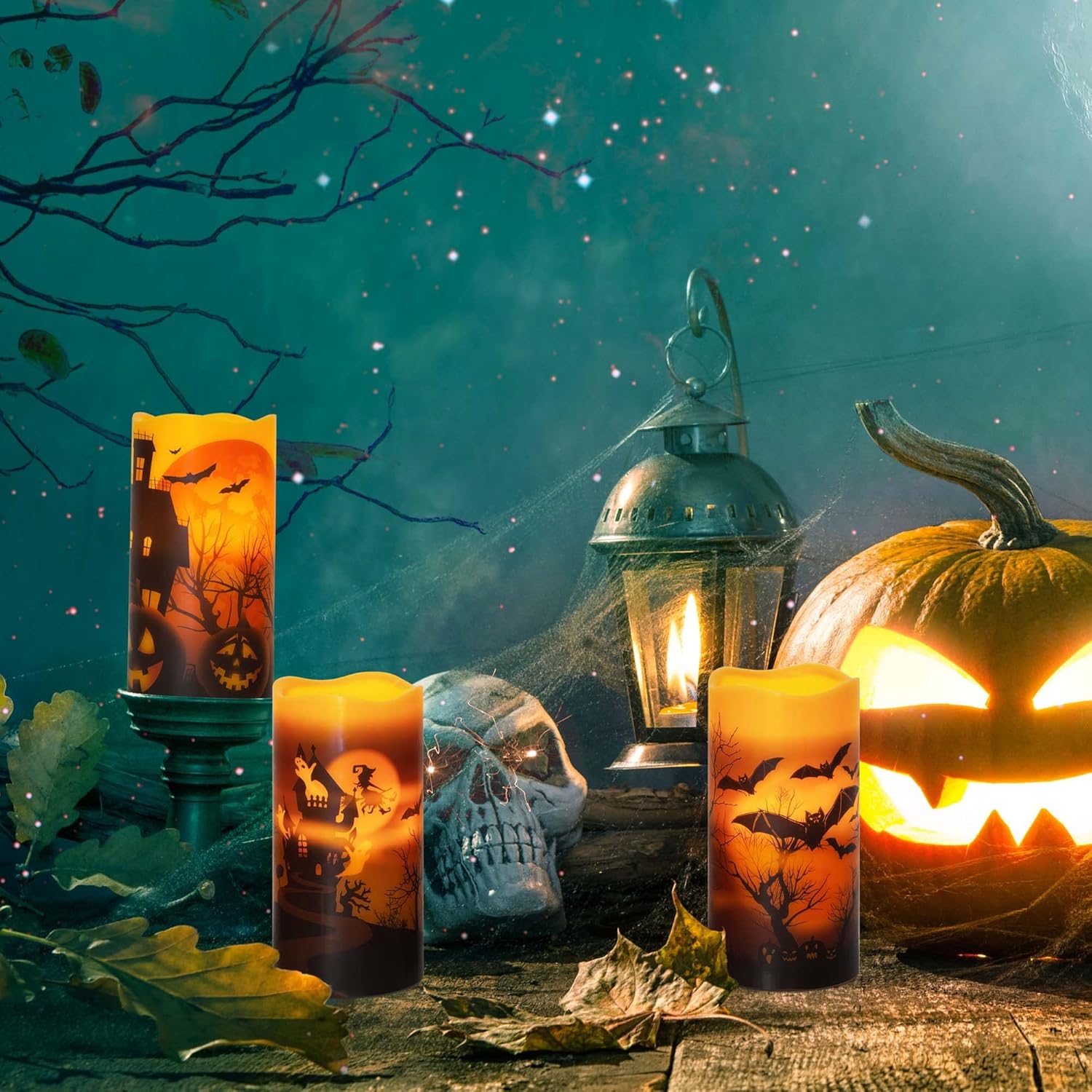 HN HAIINAA Velas de Halloween sin llama que funcionan con pilas con temporizador de 6 horas, velas LED parpadeantes de cera real, castillo, bruja,