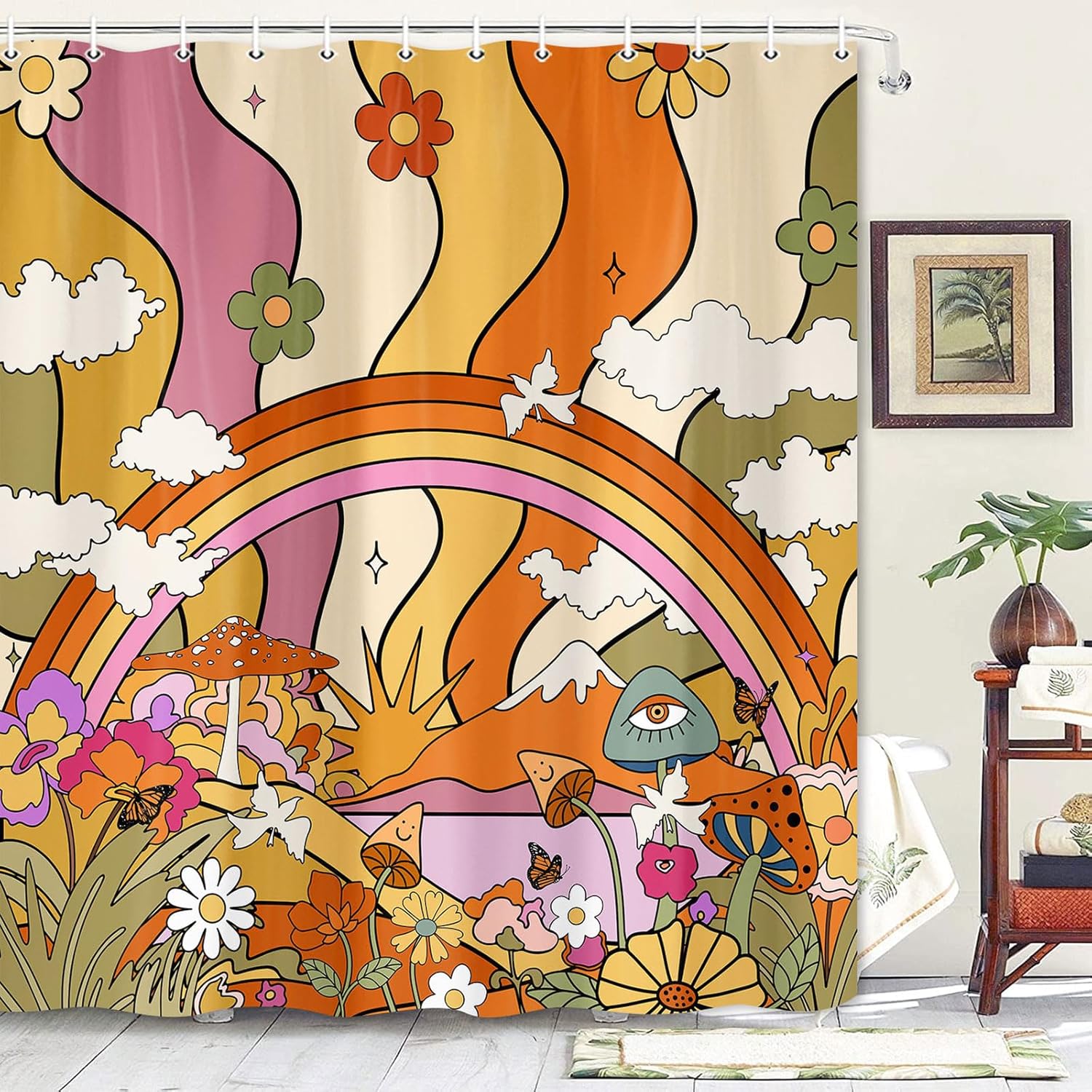 Cortina de ducha estilo japonés, estilo retro, bohemio, con diseño de hongos y flores, estilo japonés, juego de cortina de ducha estética con