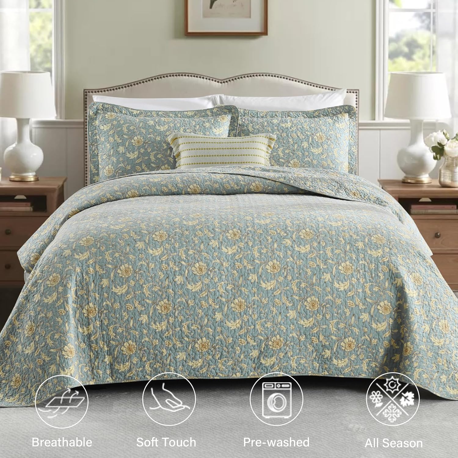 Finlonte Colchas tamaño Queen 100% algodón ligero suave Queen Colcha Vintage Botánico Acolchado Colcha Azul Edredón Beige Floral Reversible Juego de