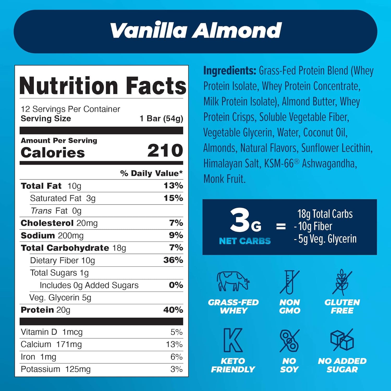 Atlas Protein Bar, 0.71 onzas de proteína, 0.04 oz de azúcar, ingredientes limpios, sin gluten (vainilla y almendra, 12 unidades (paquete de 3))