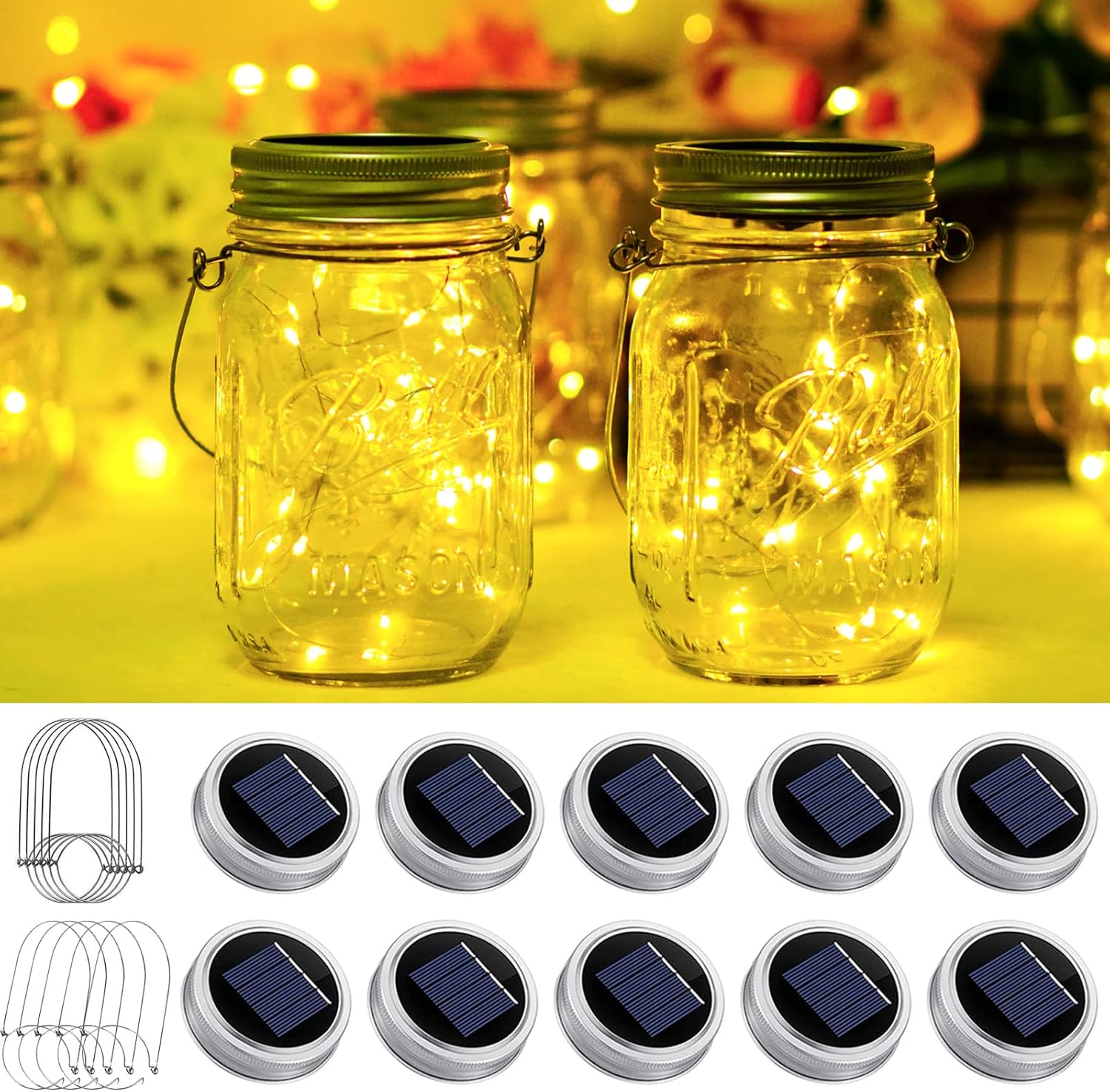 Paquete de 10 luces solares para tarros de masón, 20 luces LED con forma de hada y estrella, con 10 colgadores, resistente al agua y al óxido, para