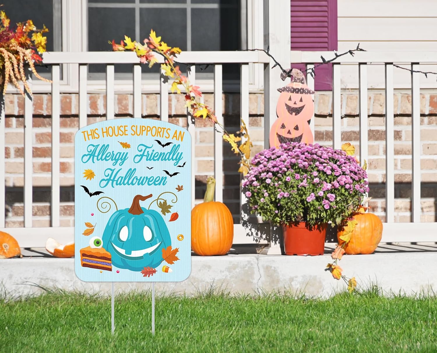 WhatSign Letreros de Halloween para patio, aptos para alérgicos, decoraciones de Halloween para exteriores, diseño de calabaza verde azulado, con
