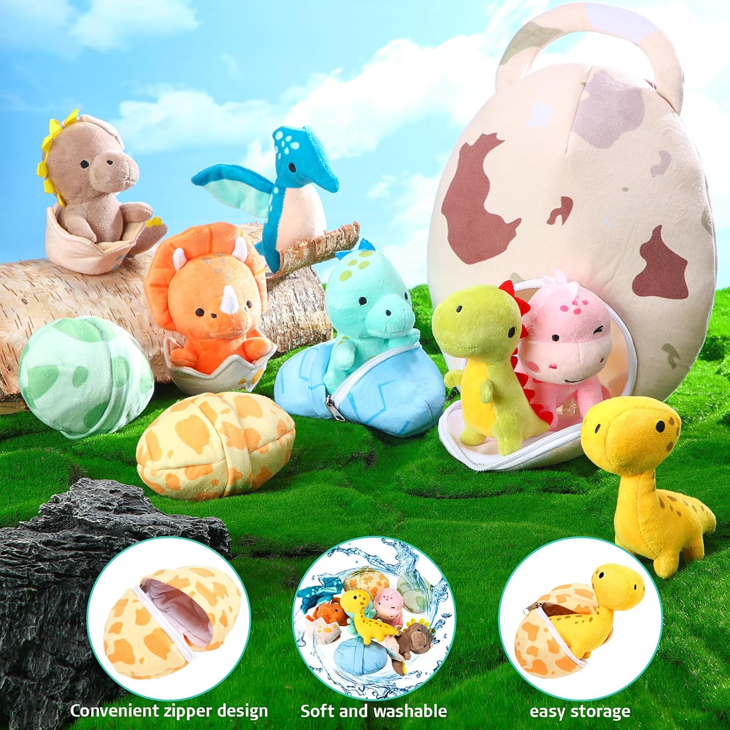 Juego de 11 juguetes de peluche de dinosaurio pequeño y bolsa de huevo, lindos animales de peluche, juguetes de peluche suaves de dinosaurio,