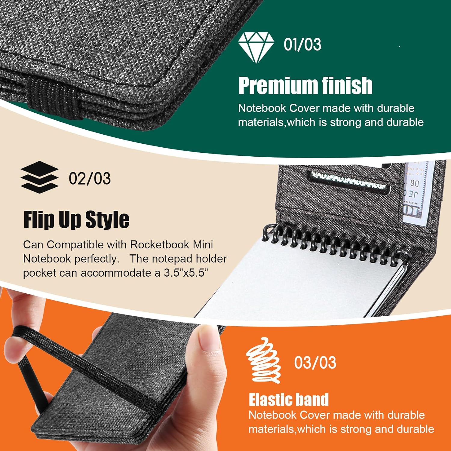 Funda para cuaderno Rocketbook de tamaño mini compatible con notas de campo superior en espiral de 3.5 x 5.5 pulgadas, tela impermeable, organizador