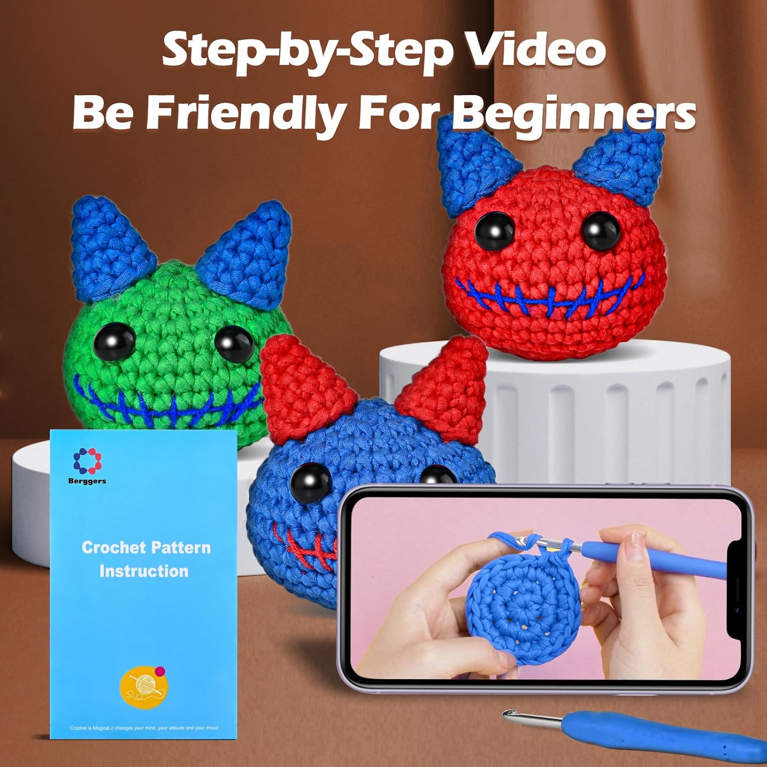 Berggers Kit de ganchillo para principiantes, adultos y niños, decoración de Halloween, kit de tejido Amigurumi con tutoriales en video paso a paso,