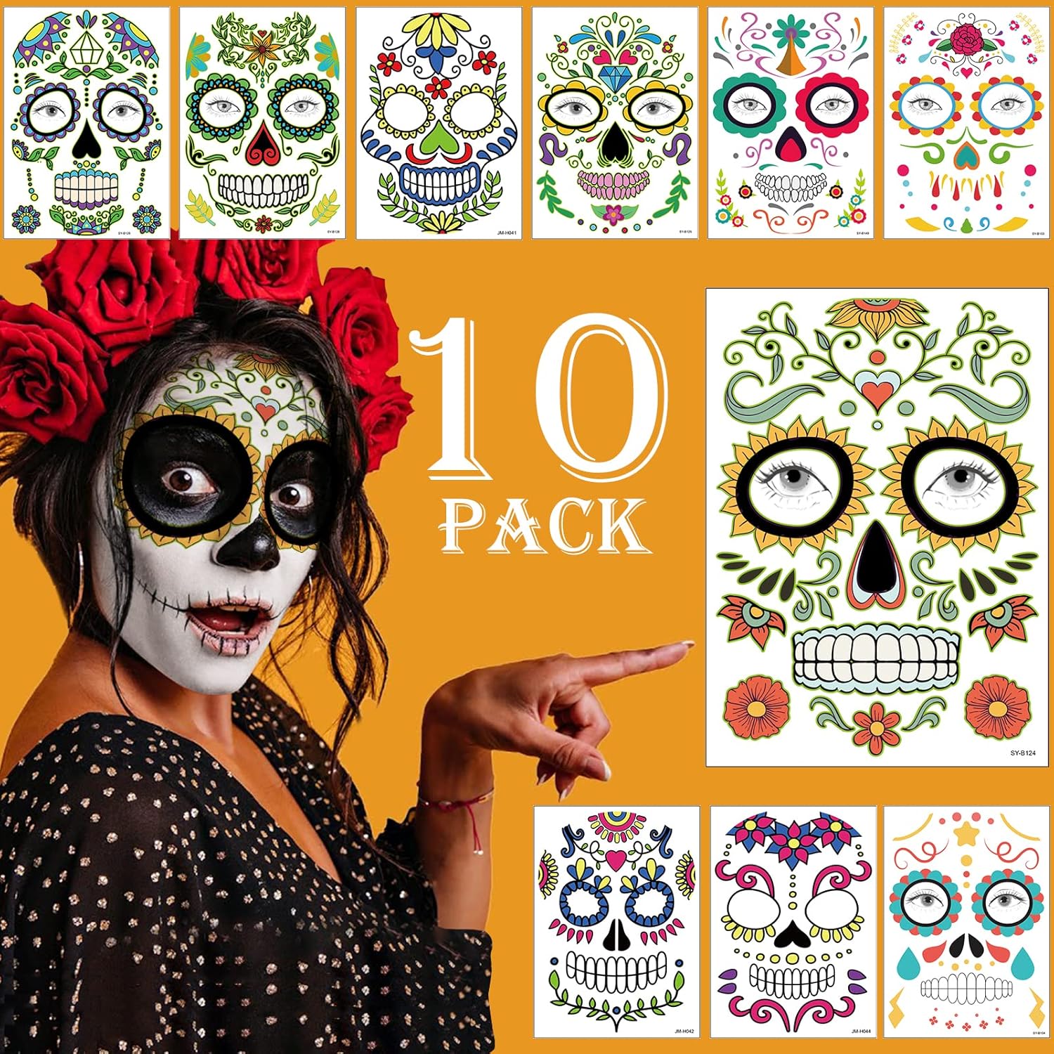 Kit de maquillaje de tatuajes de cara del día de los muertos, paquete de 10 tatuajes temporales de calavera de azúcar de Halloween para adultos,