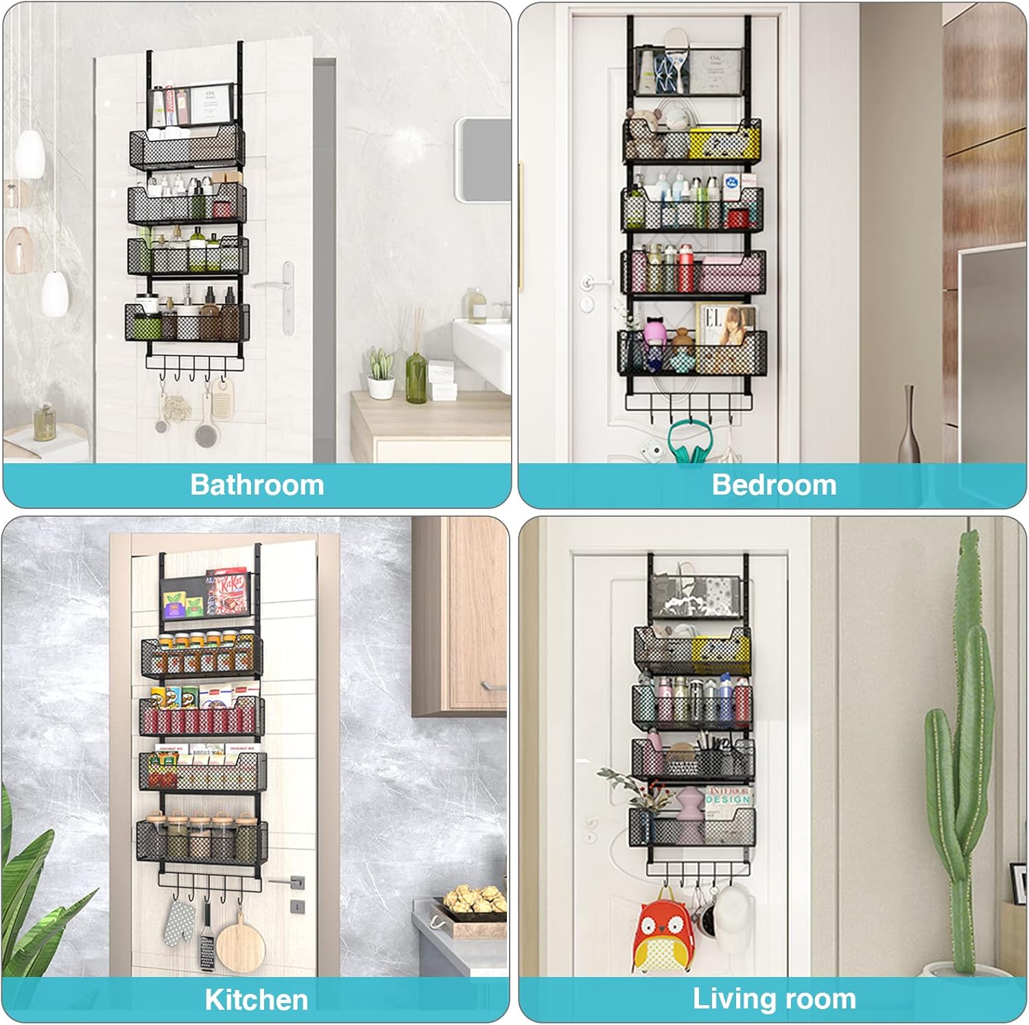 Organizador ajustable sobre la puerta, almacenamiento de puerta colgante con 4 cestas de metal y soporte de pared de bolsillo de PVC, fuerte soporte